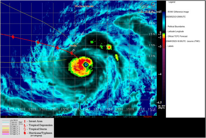 SATELLITE ANALYSIS, INITIAL POSITION AND INTENSITY DISCUSSION: ANIMATED ENHANCED INFRARED (EIR) SATELLITE IMAGERY DEPICTS A SOMEWHAT ASYMMETRICAL SYSTEM THAT HAS A SMALL (6 NM DIAMETER) EYE. IN ADDITION, BANDS OF DEEP CONVECTION ARE NOTED IN THE WESTERN SEMICIRCLE AND FRAGMENTED BANDS OF CONVECTION IN THE EASTERN SEMI-CIRCLE. THESE FRAGMENTED BANDS ARE THE RESULT OF DRY AIR FROM THE SOUTH BEING INTRODUCED INTO THE LOW LEVEL CIRCULATION CENTER (LLCC). THERE WERE SEVERAL HOURS WITHOUT ANY USABLE MICROWAVE DATA, HOWEVER A RECENT 231756Z SSMIS 91 GHZ PASS SHOWS THE INNER EYEWALL HAS BEEN BROKEN DOWN AND A SECONDARY EYEWALL IS FORMING. DUE TO THE ONSET OF THIS EYEWALL REPLACEMENT CYCLE (ERC), THE INITIAL INTENSITY IS LOWER THAN PREVIOUSLY FORECAST. RADAR IMAGERY FROM ANDERSEN AIR FORCE BASE (PGUA) SHOWS THE OUTER BANDS OF THE NORTHWEST QUADRANT OVER GUAM, ROTA, AND THE NORTHERN MARIANA ISLANDS, AS WELL AS THE EYE OF THE SYSTEM IN CLEAR VIEW AS IT APPROACHES GUAM FROM THE SOUTHEAST. MOREOVER, RECENT SURFACE WEATHER OBSERVATIONS FROM ANDERSEN AFB INDICATE CONSISTENT NORTHEASTERLY WIND FLOW WITH GUSTS IN THE 35-40 KT RANGE OVER THE PAST SEVERAL HOURS. TC MAWAR IS IN A MARGINALLY FAVORABLE ENVIRONMENT FOR FURTHER TROPICAL DEVELOPMENT. THESE CONDITIONS ARE CHARACTERIZED BY GOOD EQUATORWARD AND POLEWARD OUTFLOW ALOFT, A PRONOUNCED 850 MB VORTICITY SIGNATURE, MODERATE (15-20 KTS) VERTICAL WIND SHEAR (VWS), AND VERY WARM (29-30 C) SEA SURFACE TEMPERATURES (SST). THE INITIAL POSITION IS PLACED WITH HIGH CONFIDENCE BASED ON MULTI-AGENCY FIXES, ALONG WITH THE ABOVEMENTIONED RADAR IMAGERY AND RECENT SSMIS IMAGERY. THE INITIAL INTENSITY OF 120 KNOTS IS ASSESSED WITH MEDIUM CONFIDENCE BASED OFF ANALYSIS OF THE ERC AND A BLEND OF MULTI-AGENCY AND AUTOMATED DVORAK ESTIMATES. SATELLITE ANALYSIS, INITIAL POSITION AND INTENSITY DISCUSSION: ANIMATED ENHANCED INFRARED (EIR) SATELLITE IMAGERY DEPICTS A SOMEWHAT ASYMMETRICAL SYSTEM THAT HAS A SMALL (6 NM DIAMETER) EYE. IN ADDITION, BANDS OF DEEP CONVECTION ARE NOTED IN THE WESTERN SEMICIRCLE AND FRAGMENTED BANDS OF CONVECTION IN THE EASTERN SEMI-CIRCLE. THESE FRAGMENTED BANDS ARE THE RESULT OF DRY AIR FROM THE SOUTH BEING INTRODUCED INTO THE LOW LEVEL CIRCULATION CENTER (LLCC). THERE WERE SEVERAL HOURS WITHOUT ANY USABLE MICROWAVE DATA, HOWEVER A RECENT 231756Z SSMIS 91 GHZ PASS SHOWS THE INNER EYEWALL HAS BEEN BROKEN DOWN AND A SECONDARY EYEWALL IS FORMING. DUE TO THE ONSET OF THIS EYEWALL REPLACEMENT CYCLE (ERC), THE INITIAL INTENSITY IS LOWER THAN PREVIOUSLY FORECAST. RADAR IMAGERY FROM ANDERSEN AIR FORCE BASE (PGUA) SHOWS THE OUTER BANDS OF THE NORTHWEST QUADRANT OVER GUAM, ROTA, AND THE NORTHERN MARIANA ISLANDS, AS WELL AS THE EYE OF THE SYSTEM IN CLEAR VIEW AS IT APPROACHES GUAM FROM THE SOUTHEAST. MOREOVER, RECENT SURFACE WEATHER OBSERVATIONS FROM ANDERSEN AFB INDICATE CONSISTENT NORTHEASTERLY WIND FLOW WITH GUSTS IN THE 35-40 KT RANGE OVER THE PAST SEVERAL HOURS. TC MAWAR IS IN A MARGINALLY FAVORABLE ENVIRONMENT FOR FURTHER TROPICAL DEVELOPMENT. THESE CONDITIONS ARE CHARACTERIZED BY GOOD EQUATORWARD AND POLEWARD OUTFLOW ALOFT, A PRONOUNCED 850 MB VORTICITY SIGNATURE, MODERATE (15-20 KTS) VERTICAL WIND SHEAR (VWS), AND VERY WARM (29-30 C) SEA SURFACE TEMPERATURES (SST). THE INITIAL POSITION IS PLACED WITH HIGH CONFIDENCE BASED ON MULTI-AGENCY FIXES, ALONG WITH THE ABOVEMENTIONED RADAR IMAGERY AND RECENT SSMIS IMAGERY. THE INITIAL INTENSITY OF 120 KNOTS IS ASSESSED WITH MEDIUM CONFIDENCE BASED OFF ANALYSIS OF THE ERC AND A BLEND OF MULTI-AGENCY AND AUTOMATED DVORAK ESTIMATES.