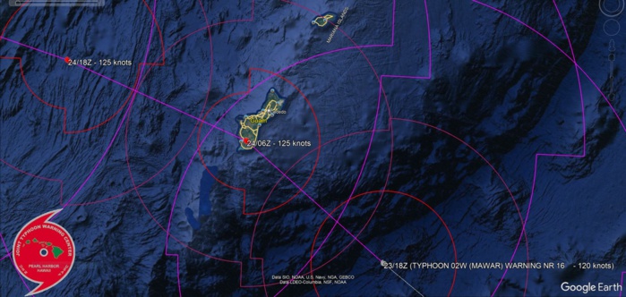 Powerful Typhoon 02W(MAWAR) CAT 4 US tracks over GUAM then re-intensifies over the Philippine Sea// 3 week GTHO maps// 2321utc