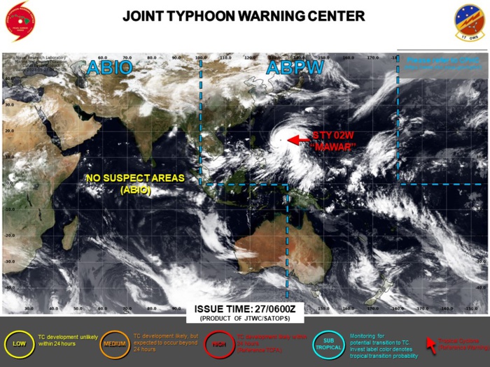 JTWC IS ISSUING 6HOURLY WARNINGS AND 3HOURLY SATELLITE BULLETINS ON STY 02W(MAWAR). JTWC IS ISSUING 6HOURLY WARNINGS AND 3HOURLY SATELLITE BULLETINS ON STY 02W(MAWAR).