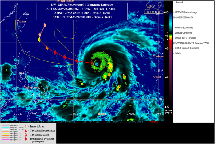 SATELLITE ANALYSIS, INITIAL POSITION AND INTENSITY DISCUSSION: ANIMATED MULTISPECTRAL SATELLITE IMAGERY (MSI) INDICATES A SYMMETRIC SYSTEM OF TIGHTLY WRAPPING DEEP CONVECTIVE BANDS FEEDING INTO A LARGE (30NM) EYE. A RECENT 270421Z AMSR2 89GHZ MICROWAVE IMAGE REVEALS A LARGE AND NEARLY COMPLETE EYE WALL WITH NUMEROUS FRAGMENTED DEEP CONVECTIVE BANDS WRAPPING INTO THE SYSTEM FROM THE SOUTH AND WEST. THE INITIAL POSITION IS PLACED WITH HIGH CONFIDENCE BASED ON THE 30NM EYE IN BOTH MSI AND AMSR2 MICROWAVE IMAGERY. THE INITIAL INTENSITY IS PLACED WITH MEDIUM CONFIDENCE BASED ON DVORAK INTENSITY ESTIMATES WHICH INDICATE 127KTS AND CIMMS ADT/AiDT INDICATING 115-120KTS WHILE CIMMS D-MINT AND D-PRINT REMAIN HIGHER AT 151KTS AND 137KTS RESPECTIVELY. HAVING LIKELY CONCLUDED AN EYE WALL REPLACEMENT CYCLE (ERC) WITHIN THE PAST 6 HOURS, THE INTENSITY OF THE SYSTEM MAY HAVE DROPPED TEMPORARILY AS THE NEW EYE WALL FORMS AND SETTLES IN, SO A RUSH TO DRAMATICALLY WEAKEN THE SYSTEM MAY NOT BE THE CORRECT PATH. SATELLITE ANALYSIS, INITIAL POSITION AND INTENSITY DISCUSSION: ANIMATED MULTISPECTRAL SATELLITE IMAGERY (MSI) INDICATES A SYMMETRIC SYSTEM OF TIGHTLY WRAPPING DEEP CONVECTIVE BANDS FEEDING INTO A LARGE (30NM) EYE. A RECENT 270421Z AMSR2 89GHZ MICROWAVE IMAGE REVEALS A LARGE AND NEARLY COMPLETE EYE WALL WITH NUMEROUS FRAGMENTED DEEP CONVECTIVE BANDS WRAPPING INTO THE SYSTEM FROM THE SOUTH AND WEST. THE INITIAL POSITION IS PLACED WITH HIGH CONFIDENCE BASED ON THE 30NM EYE IN BOTH MSI AND AMSR2 MICROWAVE IMAGERY. THE INITIAL INTENSITY IS PLACED WITH MEDIUM CONFIDENCE BASED ON DVORAK INTENSITY ESTIMATES WHICH INDICATE 127KTS AND CIMMS ADT/AiDT INDICATING 115-120KTS WHILE CIMMS D-MINT AND D-PRINT REMAIN HIGHER AT 151KTS AND 137KTS RESPECTIVELY. HAVING LIKELY CONCLUDED AN EYE WALL REPLACEMENT CYCLE (ERC) WITHIN THE PAST 6 HOURS, THE INTENSITY OF THE SYSTEM MAY HAVE DROPPED TEMPORARILY AS THE NEW EYE WALL FORMS AND SETTLES IN, SO A RUSH TO DRAMATICALLY WEAKEN THE SYSTEM MAY NOT BE THE CORRECT PATH.