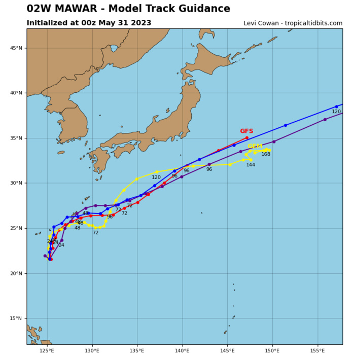 CAT1 US 02W(MAWAR) will be slowly weakening still as a large system near OKINAWA before ETT transition// 3 week GTHO maps//3109utc