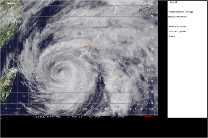 SATELLITE ANALYSIS, INITIAL POSITION AND INTENSITY DISCUSSION: ANIMATED ENHANCED INFRARED (EIR) SATELLITE IMAGERY DEPICTS A TIGHTLY-WRAPPED CIRCULATION. CONVERGENT FLOW ASSOCIATED WITH AN UPPER-LEVEL SHORTWAVE TROUGH IS SUPPRESSING CONVECTION ON THE WESTERN SIDE OF THE CIRCULATION, WHILE CONVERGENT LOW-LEVEL INFLOW  AND DIVERGENT UPPER-LEVEL OUTFLOW CONTINUE TO SUPPORT CONVECTIVE DEVELOPMENT TO THE EAST AND SOUTH OF THE SYSTEM CENTER. THE INITIAL POSITION IS PLACED WITH HIGH CONFIDENCE BASED ON A PARTIALLY-EXPOSED  CENTER FEATURE EVIDENT IN 011200Z INFRARED IMAGERY AND RECENT RADAR  DATA. THE INITIAL INTENSITY OF 50 KTS IS ASSESSED WITH HIGH CONFIDENCE  BASED ON WIND AND PRESSURE OBSERVATIONS FROM THE ISLAND OF OKINAWA. SATELLITE ANALYSIS, INITIAL POSITION AND INTENSITY DISCUSSION: ANIMATED ENHANCED INFRARED (EIR) SATELLITE IMAGERY DEPICTS A TIGHTLY-WRAPPED CIRCULATION. CONVERGENT FLOW ASSOCIATED WITH AN UPPER-LEVEL SHORTWAVE TROUGH IS SUPPRESSING CONVECTION ON THE WESTERN SIDE OF THE CIRCULATION, WHILE CONVERGENT LOW-LEVEL INFLOW  AND DIVERGENT UPPER-LEVEL OUTFLOW CONTINUE TO SUPPORT CONVECTIVE DEVELOPMENT TO THE EAST AND SOUTH OF THE SYSTEM CENTER. THE INITIAL POSITION IS PLACED WITH HIGH CONFIDENCE BASED ON A PARTIALLY-EXPOSED  CENTER FEATURE EVIDENT IN 011200Z INFRARED IMAGERY AND RECENT RADAR  DATA. THE INITIAL INTENSITY OF 50 KTS IS ASSESSED WITH HIGH CONFIDENCE  BASED ON WIND AND PRESSURE OBSERVATIONS FROM THE ISLAND OF OKINAWA.