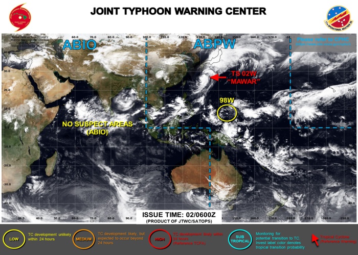 JTWC IS ISSUING 6HOURLY WARNINGS AND 3HOURLY SATELLITE BULLETINS ON TS 02W(MAWAR). JTWC IS ISSUING 6HOURLY WARNINGS AND 3HOURLY SATELLITE BULLETINS ON TS 02W(MAWAR).