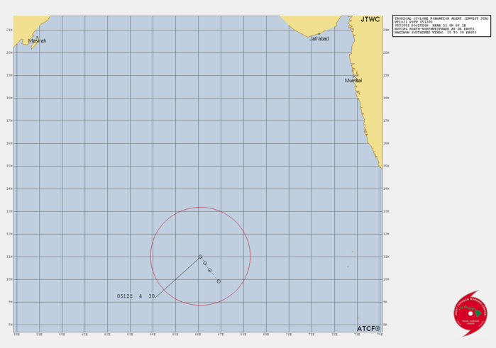 THE AREA OF CONVECTION (INVEST 92A) PREVIOUSLY LOCATED NEAR  10.8N 66.6E IS NOW LOCATED NEAR 11.0N 66.1E, APPROXIMATELY 826 NM SOUTH  OF KARACHI. ANIMATED MULTISPECTRAL SATELLITE IMAGERY DEPICTS A RAPIDLY  CONSOLIDATING LOW-LEVEL CIRCULATION (LLC) WITH FORMATIVE DEEP CONVECTIVE  BANDING WRAPPING INTO A WELL-DEFINED CENTER. A 050910Z AMSR2 89GHZ  MICROWAVE PASS FURTHER REVEALS FRAGMENTED DEEP CONVECTIVE BANDING TIGHTLY  WRAPPING INTO A SMALL COMPACT SYSTEM. ENVIRONMENTAL ANALYSIS INDICATES A  FAVORABLE ENVIRONMENT WITH STRONG DIVERGENCE ALOFT AND LOW VERTICAL WIND  SHEAR. SST VALUES ARE VERY WARM (30-31C) AND SUPPORT FURTHER  INTENSIFICATION. GLOBAL MODELS INDICATE RAPID CONSOLIDATION WITH A SLOW  POLEWARD TRACK OVER THE NEXT TWO DAYS. MAXIMUM SUSTAINED SURFACE WINDS  ARE ESTIMATED AT 25 TO 30 KNOTS. MINIMUM SEA LEVEL PRESSURE IS ESTIMATED  TO BE NEAR 1002 MB. THE POTENTIAL FOR THE DEVELOPMENT OF A SIGNIFICANT  TROPICAL CYCLONE WITHIN THE NEXT 24 HOURS IS HIGH.