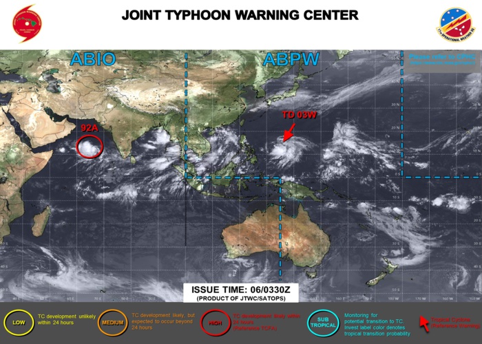 JTWC IS ISSUING 6HOURLY WARNINGS ON TD 03W. 3HOURLY SATELLITE BULLETINS ARE ISSUED ON 03W AND INVEST 92A.