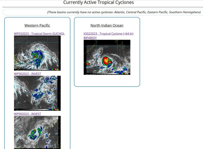 JTWC IS ISSUING 6HOURLY WARNINGS AND 3HOURLY SATELLITE BULLETINS ON TS 03W(GUCHOL) AND ON TC 02A(BIPARJOY).