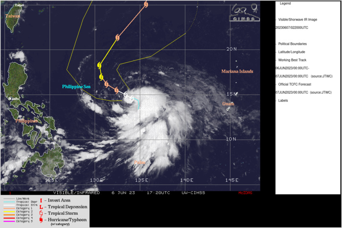 SATELLITE ANALYSIS, INITIAL POSITION AND INTENSITY DISCUSSION: ANIMATED MULTISPECTRAL SATELLITE IMAGERY (MSI) DEPICTS A STEADILY, ALBEIT SLOWLY, CONSOLIDATING SYSTEM WITH FRAGMENTED CONVECTIVE BURSTS STRUGGLING TO MAINTAIN AND WRAP AROUND THE LOW LEVEL CIRCULATION CENTER (LLCC). SIMILAR TO SIX HOURS AGO, DEEP CONVECTIVE TOWERS CONTINUE TO FLARE UP AROUND THE LLCC BUT NONE HAVE YET BEEN ABLE TO SUSTAIN THEMSELVES FOR MORE THAN AN HOUR TO TWO. THUS, THE INNER CORE, WHILE IMPROVING, REMAINS SOMEWHAT DISORGANIZED AND TRUE INTENSIFICATION HAS YET TO BEGIN. THE MOST RECENT MICROWAVE IMAGE FROM 062009Z INDICATED A BROAD SWATH OF DEEP CONVECTION LAYING IN A BAND ACROSS THE SOUTHERN HALF OF THE SYSTEM, BUT LITTLE IN THE WAY OF ORGANIZED CONVECTIVE ACTIVITY IN THE NORTHERN HEMISPHERE, DUE TO THE PRESENCE OF DRY AIR IN THE MID-LEVELS TO THE NORTH. THE INITIAL POSITION IS ASSESSED WITH MEDIUM CONFIDENCE AS THE PRECISE LLCC IS OBSCURED BUT ANALYSIS OF THE OUTER BANDS PROVIDES SOME HINT AS TO THE CENTER. THE INITIAL INTENSITY IS ALSO ASSESSED WITH MEDIUM CONFIDENCE, HEDGED SLIGHTLY HIGHER THAN THE MULTI-AGENCY DVORAK CURRENT INTENSITY ESTIMATES IN LIGHT OF AN ADT ESTIMATE OF 43 KNOTS AND THE GENERALLY IMPROVING STRUCTURE. THE ENVIRONMENT REMAINS FAVORABLE, CHARACTERIZED BY LOW VWS, WARM SSTS, HIGH OHC AND GOOD EASTWARD AND EQUATORWARD OUTFLOW INTO A TUTT CELL LOCATED NEAR 19N 150E. THE SYSTEM HAS SLOWED DOWN TO JUST TWO KNOTS AND TURNED MORE WESTWARD AS IT BUTTS UP AGAINST AN EXTENSION OF THE SUBTROPICAL RIDGE (STR) THAT EXTENDS FROM TAIWAN TO 30N 175E.