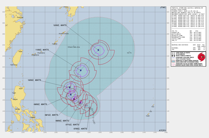 FORECAST REASONING.  SIGNIFICANT FORECAST CHANGES: THERE ARE NO SIGNIFICANT CHANGES TO THE FORECAST FROM THE PREVIOUS WARNING.  FORECAST DISCUSSION: TS 03W HAS SLOWED DOWN AND TURNED A BIT FURTHER TOWARDS THE WEST, AS THE NARROW RIDGE TO THE NORTH HAS STRENGTHENED A BIT BASED ON THE LATEST SOUNDING FROM MINAMI DAITO JIMA. BUT OTHER THAN THAT NEAR-TERM ADJUSTMENT, NO OTHER SIGNIFICANT CHANGES TO THE STEERING PATTERN ARE EXPECTED AND THE SYSTEM WILL TRACK SLOWLY TOWARDS THE WEST-NORTHWEST THROUGH THE NEXT 36 TO 48 HOURS ALONG THE SOUTHERN SIDE OF THE RIDGE TO THE NORTH. THE PASSAGE OF A STRONG SHORTWAVE TROUGH AND JET MAX OVER JAPAN AROUND TAU 48 WILL BREAK THE RIDGE TO THE NORTH WHILE ALSO BUILDING A NEW STR CENTER NEAR 30N 155E. THIS COMBINATION OF EVENTS WILL ALLOW FOR TS 03W TO TURN NORTHWARD 72, THEN ACCELERATE NORTHEASTWARD ALONG THE WESTERN SIDE OF THE BUILDING STR TO THE EAST THROUGH THE REMAINDER OF THE FORECAST PERIOD. CONTINUED GOOD ENVIRONMENTAL CONDITIONS; OUTFLOW INTO THE TUTT CELL TO THE EAST, LOW VWS AND WARM SSTS, WILL FUEL RAPID INTENSIFICATION (RI) THROUGH TAU 36, TO A PEAK OF 85 KNOTS, ASSUMING THE INNER CORE OF THE SYSTEM CAN CONSOLIDATE QUICKLY. AFTER TAU 48, A REDUCTION IN UPPER-LEVEL OUTFLOW, AND SOME INCREASED PRESSURE FROM A PUNCH OF NORTHWESTERLY FLOW WILL LEAD TO A PERIOD OF STAGNANT INTENSITY THROUGH TAU 72. THEREAFTER, OUTFLOW INTO THE BASE OF THE UPPER-LEVEL TROUGH TO THE NORTH WILL OFFSET INCREASED VWS AND DECREASING SSTS, ALLOWING FOR A VERY SLOW STEP-DOWN IN INTENSITY AS THE SYSTEM ACCELERATES NORTHEASTWARD THROUGH THE REMAINDER OF THE FORECAST.