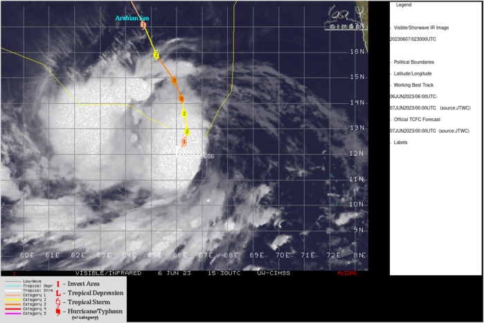 SATELLITE ANALYSIS, INITIAL POSITION AND INTENSITY DISCUSSION: ANIMATED ENHANCED INFRARED (EIR) SATELLITE IMAGERY DEPICTS BANDS OF PULSING CONVECTION, FIRING OFF TO THE SOUTHWEST OF THE LOW LEVEL CIRCULATION CENTER (LLCC) AND WRAPPING UPSHEAR TO THE EAST. ANIMATED IMAGERY FROM THE 0200Z HOUR HOWEVER SUGGESTS THAT THE MOST RECENT CONVECTIVE BURST HAS COLLAPSED, CLOUD TOP TEMPERATURES HAVE WARMED CONSIDERABLY AND THE MESOSCALE UPPER-LEVEL OUTFLOW FRONT HAS BEEN PUSHED BACK TOWARDS THE CORE OF THE SYSTEM. ANOTHER ROUND OF NASCENT CONVECTIVE TOWERS IS FLARING AGAIN ALONG THE SOUTHERN SIDE OF THE CENTER, BUT IT REMAINS TO BE SEEN WHAT IMPACT THIS WILL HAVE AS CONVECTIVE MAXIMUM APPROACHES. A TIMELY 062320Z SSMIS 91GHZ MICROWAVE IMAGE REVEALED A SMALL MICROWAVE EYE FEATURE, WITH A WIDE EXPANSE OF CONVECTIVE BANDS EXTENDING TO THE SOUTHWEST, BUT ONLY MINIMAL CONVECTIVE BANDING TO THE NORTHERN SIDE. THE INITIAL POSITION IS ASSESSED WITH HIGH CONFIDENCE BASED ON THE ABOVE MENTIONED MICROWAVE IMAGERY. MEANWHILE THE INITIAL INTENSITY IS ASSESSED WITH HIGH CONFIDENCE, HEDGED HIGHER THAN THE DVORAK CURRENT INTENSITY ESTIMATES BASED ON A PGTW DATA-T OF T4.5 (77 KNOTS), SUPPORTED BY THE ADT AND AIDT ESTIMATES OF 75 KNOTS AND 72 KNOTS RESPECTIVELY AND A DMINT ESTIMATE OF 71 KNOTS. MODERATE TO HIGH EASTERLY SHEAR IS PUTTING A BRAKE ON RAPID DEVELOPMENT, AS CONVECTION WILL PULSE AND PUSH BACK AGAINST THE SHEAR, THEN COLLAPSE AND START THE PROCESS ONCE MORE. OTHERWISE, CONDITIONS ARE GENERALLY FAVORABLE WITH VERY WARM SSTS, HIGH OHC AND GOOD EQUATORWARD AND POLEWARD OUTFLOW. THE SYSTEM CONTINUES TO DRIFT SLOWLY POLEWARD, WITH AN EXTENSION OF THE SUBTROPICAL RIDGE (STR) ALONG 20N BLOCKING SIGNIFICANT POLEWARD MOVEMENT FOR THE MOMENT. SATELLITE ANALYSIS, INITIAL POSITION AND INTENSITY DISCUSSION: ANIMATED ENHANCED INFRARED (EIR) SATELLITE IMAGERY DEPICTS BANDS OF PULSING CONVECTION, FIRING OFF TO THE SOUTHWEST OF THE LOW LEVEL CIRCULATION CENTER (LLCC) AND WRAPPING UPSHEAR TO THE EAST. ANIMATED IMAGERY FROM THE 0200Z HOUR HOWEVER SUGGESTS THAT THE MOST RECENT CONVECTIVE BURST HAS COLLAPSED, CLOUD TOP TEMPERATURES HAVE WARMED CONSIDERABLY AND THE MESOSCALE UPPER-LEVEL OUTFLOW FRONT HAS BEEN PUSHED BACK TOWARDS THE CORE OF THE SYSTEM. ANOTHER ROUND OF NASCENT CONVECTIVE TOWERS IS FLARING AGAIN ALONG THE SOUTHERN SIDE OF THE CENTER, BUT IT REMAINS TO BE SEEN WHAT IMPACT THIS WILL HAVE AS CONVECTIVE MAXIMUM APPROACHES. A TIMELY 062320Z SSMIS 91GHZ MICROWAVE IMAGE REVEALED A SMALL MICROWAVE EYE FEATURE, WITH A WIDE EXPANSE OF CONVECTIVE BANDS EXTENDING TO THE SOUTHWEST, BUT ONLY MINIMAL CONVECTIVE BANDING TO THE NORTHERN SIDE. THE INITIAL POSITION IS ASSESSED WITH HIGH CONFIDENCE BASED ON THE ABOVE MENTIONED MICROWAVE IMAGERY. MEANWHILE THE INITIAL INTENSITY IS ASSESSED WITH HIGH CONFIDENCE, HEDGED HIGHER THAN THE DVORAK CURRENT INTENSITY ESTIMATES BASED ON A PGTW DATA-T OF T4.5 (77 KNOTS), SUPPORTED BY THE ADT AND AIDT ESTIMATES OF 75 KNOTS AND 72 KNOTS RESPECTIVELY AND A DMINT ESTIMATE OF 71 KNOTS. MODERATE TO HIGH EASTERLY SHEAR IS PUTTING A BRAKE ON RAPID DEVELOPMENT, AS CONVECTION WILL PULSE AND PUSH BACK AGAINST THE SHEAR, THEN COLLAPSE AND START THE PROCESS ONCE MORE. OTHERWISE, CONDITIONS ARE GENERALLY FAVORABLE WITH VERY WARM SSTS, HIGH OHC AND GOOD EQUATORWARD AND POLEWARD OUTFLOW. THE SYSTEM CONTINUES TO DRIFT SLOWLY POLEWARD, WITH AN EXTENSION OF THE SUBTROPICAL RIDGE (STR) ALONG 20N BLOCKING SIGNIFICANT POLEWARD MOVEMENT FOR THE MOMENT.
