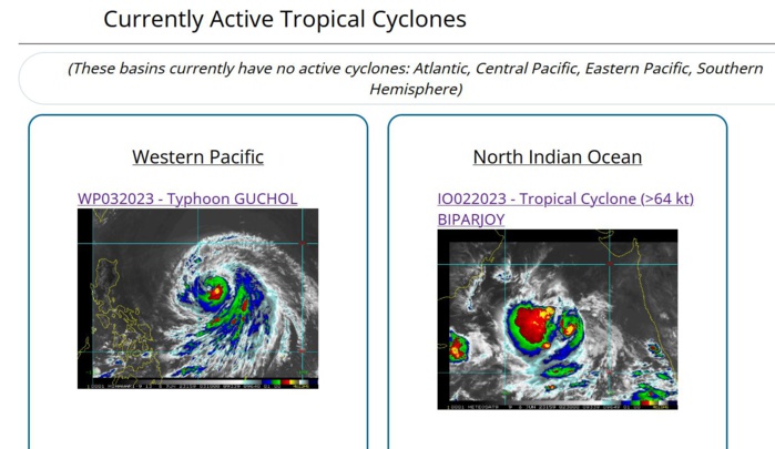 JTWC IS ISSUING 6HOURLY WARNINGS AND 3HOURLY SATELLITE BULLETINS ON TY 03W(GUCHOL) AND ON TC 02A(BIPARJOY).