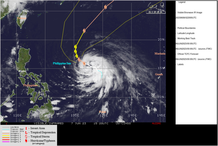 SATELLITE ANALYSIS, INITIAL POSITION AND INTENSITY DISCUSSION: ANIMATED MULTISPECTRAL SATELLITE IMAGERY (MSI) DEPICTS A LARGE CLUSTER OF PERSISTENT DEEP CONVECTION OVER THE EASTERN SEMICIRCLE WITH SPIRAL CONVECTIVE BANDS WRAPPING INTO THE LOW LEVEL CIRCULATION CENTER (LLCC). THE INITIAL POSITION IS PLACED WITH MEDIUM  CONFIDENCE BASED ON AGENCY POSITION FIXES ALONG WITH THE MSI WHICH  SHOWS A BANDING EYE FEATURE. A 072210Z SSMIS 91GHZ IMAGE SHOWED A  MICROWAVE EYE FEATURE, WITH STRONG CONVECTIVE BANDS WRAPPING ON THE  EASTERN PERIPHERY OF THE LLCC. THE INITIAL INTENSITY IS ASSESSED AT  65 KTS BASED ON A COMBINATION OF OBJECTIVE AND SUBJECTIVE DVORAK  INTENSITY ESTIMATES RANGING FROM T3.0 (45 KTS) TO T4.5 (77 KTS).  ADDITIONALLY, AN EARLIER 072105Z SMAP WINDSPEED IMAGE SHOWS A BROAD  SWATH OF 60-65 KNOTS ON THE NORTHERN SEMICIRCLE. ENVIRONMENTAL  CONDITIONS REMAIN FAVORABLE WITH MODERATE EASTWARD OUTFLOW AND LOW  VERTICAL WIND SHEAR (VWS) AS WELL AS WARM SEA SURFACE TEMPERATURES  (SSTS) AND HIGH OCEAN HEAT CONTENT (OHC).