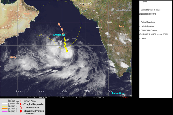 SATELLITE ANALYSIS, INITIAL POSITION AND INTENSITY DISCUSSION: ANIMATED ENHANCED INFRARED (EIR) SATELLITE IMAGERY DEPICTS A CYCLONE BEING SHEARED BY MODERATE EASTERLY VERTICAL WIND SHEAR (VWS), WITH A RAGGED MASS OF DEEP CONVECTION DISPLACED LARGELY SOUTHWEST OF THE LOW-LEVEL CIRCULATION CENTER (LLCC). THE INITIAL POSITION IS PLACED WITH MEDIUM CONFIDENCE BASED ON A COMBINATION OF AGENCY POSITION FIXES. THE INITIAL INTENSITY IS ASSESSED WITH MEDIUM CONFIDENCE BASED ON A COMBINATION OF OBJECTIVE AND SUBJECTIVE INTENSITY ESTIMATES. THE SYSTEM CONTINUES TO TRACK TOWARD THE NORTHWEST ON THE WESTERN PERIPHERY OF AN EXTENSION OF THE SUBTROPICAL RIDGE (STR) OVER INDIA. ENVIRONMENTAL ANALYSIS IS ASSESSED AS MARGINAL, WITH GOOD MODERATE POLEWARD AND EQUATORWARD OUTFLOW ALOFT, WARM SEA SURFACE TEMPERATURES (SSTS) RANGING (29-30C) OFFSET BY MODERATE EASTERLY VERTICAL WIND SHEAR (VWS) WHICH IS TILTING THE SYSTEM WESTWARD. SATELLITE ANALYSIS, INITIAL POSITION AND INTENSITY DISCUSSION: ANIMATED ENHANCED INFRARED (EIR) SATELLITE IMAGERY DEPICTS A CYCLONE BEING SHEARED BY MODERATE EASTERLY VERTICAL WIND SHEAR (VWS), WITH A RAGGED MASS OF DEEP CONVECTION DISPLACED LARGELY SOUTHWEST OF THE LOW-LEVEL CIRCULATION CENTER (LLCC). THE INITIAL POSITION IS PLACED WITH MEDIUM CONFIDENCE BASED ON A COMBINATION OF AGENCY POSITION FIXES. THE INITIAL INTENSITY IS ASSESSED WITH MEDIUM CONFIDENCE BASED ON A COMBINATION OF OBJECTIVE AND SUBJECTIVE INTENSITY ESTIMATES. THE SYSTEM CONTINUES TO TRACK TOWARD THE NORTHWEST ON THE WESTERN PERIPHERY OF AN EXTENSION OF THE SUBTROPICAL RIDGE (STR) OVER INDIA. ENVIRONMENTAL ANALYSIS IS ASSESSED AS MARGINAL, WITH GOOD MODERATE POLEWARD AND EQUATORWARD OUTFLOW ALOFT, WARM SEA SURFACE TEMPERATURES (SSTS) RANGING (29-30C) OFFSET BY MODERATE EASTERLY VERTICAL WIND SHEAR (VWS) WHICH IS TILTING THE SYSTEM WESTWARD.