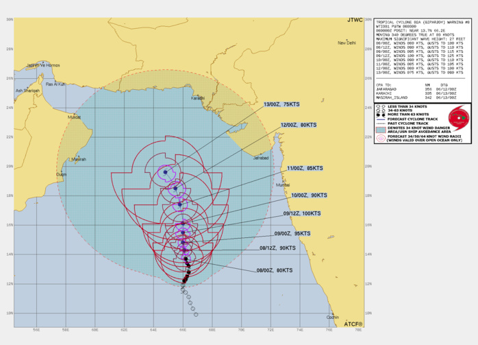 FORECAST REASONING.  SIGNIFICANT FORECAST CHANGES: THERE ARE NO SIGNIFICANT CHANGES TO THE FORECAST FROM THE PREVIOUS WARNING.  FORECAST DISCUSSION: TC 02A (BIPARJOY) IS EXPECTED TO CONTINUE TRACKING NORTH-NORTHWESTWARD AS A SHORTWAVE TROUGH PASSES TO THE NORTH WHILE A RIDGE BUILDS OVER INDIA. BY TAU 36, THE SYSTEM WILL  PICK UP SPEED AS THE RIDGE OVER INDIA IS EXPECTED TO BECOME THE  DOMINANT STEERING FEATURE. AFTER TAU 48, 02A WITH TRACK NORTHWESTWARD THROUGH THE REMAINDER OF THE FORECAST, AS THE RIDGE STRENGTHENS AND ELONGATES TO A NORTHWEST-SOUTHEAST ORIENTATION. TROPICAL CYCLONE 02A CONTINUES TO BATTLE EASTERLY VWS. WHICH EXPLAINS WHY 02A HAS STRUGGLED TO MAKE SIGNIFICANT GAINS IN INTENSITY OVER THE PAST 12 HOURS. HOWEVER, 02A IS FORECAST TO INTENSIFY TO A PEAK OF 95-100 KNOTS OVER THE NEXT 24-36 HOURS. HOWEVER, AFTER TAU 36, THE SYSTEM IS EXPECTED TO STEADILY WEAKEN DUE TO MULTIPLE NEGATIVE FACTORS, SUCH AS INCREASING VWS, AND DECREASED OUTFLOW ALOFT. AFTER TAU 72, FURTHER WEAKENING IS EXPECTED AS A RESULT OF DRY AIR ENTRAINMENT.