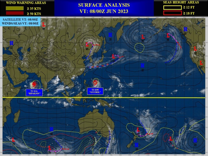 Typhoon 03W(GUCHOL) peaking by 24h at CAT 2 US// TC 02A(BIPARJOY) may reach CAT 3 US by 36h//0803utc