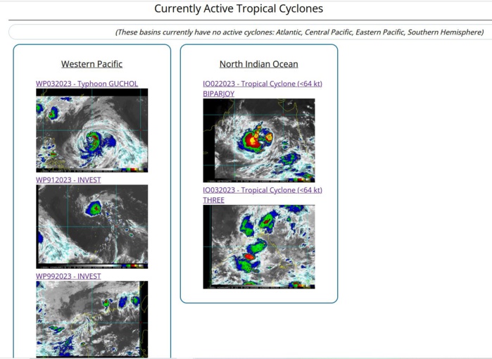JTWC IS ISSUING 6HOURLY WARNINGS AND 3HOURLY SATELLITE BULLETINS ON TY 03W(GUCHOL), TC 02A(BIPARJOY) AND TC 03B.