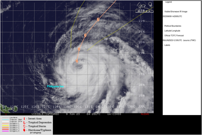 SATELLITE ANALYSIS, INITIAL POSITION AND INTENSITY DISCUSSION: ANIMATED ENHANCED INFRARED SATELLITE IMAGERY DEPICTS A RAGGED, CLOUD-FILLED EYE WITH INTENSE CONVECTIVE BANDING OVER THE EASTERN SEMICIRCLE AND WEAKER BANDING OVER THE WESTERN SEMICIRCLE. A 091246Z GMI 89GHZ MICROWAVE IMAGE REFLECTS A GENERAL WEAKENING TREND WITH AN ERODING EYEWALL OVER THE WESTERN QUADRANT AND THE BULK OF THE DEEP CONVECTIVE BANDING OVER THE EASTERN AND SOUTHERN SEMICIRCLES. THE INITIAL POSITION IS PLACED WITH HIGH CONFIDENCE BASED ON THE GMI 37GHZ IMAGE SHOWING A WELL-DEFINED MICROWAVE EYE. UPPER-LEVEL ANALYSIS REVEALS A FAVORABLE ENVIRONMENT WITH RADIAL OUTFLOW AND A ROBUST EASTWARD OUTFLOW CHANNEL INTO A STRONG UPPER LOW POSITIONED OVER THE NORTHERN MARIANAS. SST VALUES REMAIN FAVORABLE AT 28C, HOWEVER, OCEAN HEAT CONTENT VALUES ARE LOW REFLECTING A SHALLOW WARM LAYER. THE INITIAL INTENSITY OF 80 KTS IS ASSESSED WITH MEDIUM CONFIDENCE BASED ON THE DVORAK CURRENT INTENSITY ESTIMATES AS WELL AS AN AIDT ESTIMATE OF 82 KNOTS. RECENT DMINT AND DPRINT OBJECTIVE INTENSITY ESTIMATES HAVE FLUCTUATED BETWEEN 80 TO 90 KNOTS. SATELLITE ANALYSIS, INITIAL POSITION AND INTENSITY DISCUSSION: ANIMATED ENHANCED INFRARED SATELLITE IMAGERY DEPICTS A RAGGED, CLOUD-FILLED EYE WITH INTENSE CONVECTIVE BANDING OVER THE EASTERN SEMICIRCLE AND WEAKER BANDING OVER THE WESTERN SEMICIRCLE. A 091246Z GMI 89GHZ MICROWAVE IMAGE REFLECTS A GENERAL WEAKENING TREND WITH AN ERODING EYEWALL OVER THE WESTERN QUADRANT AND THE BULK OF THE DEEP CONVECTIVE BANDING OVER THE EASTERN AND SOUTHERN SEMICIRCLES. THE INITIAL POSITION IS PLACED WITH HIGH CONFIDENCE BASED ON THE GMI 37GHZ IMAGE SHOWING A WELL-DEFINED MICROWAVE EYE. UPPER-LEVEL ANALYSIS REVEALS A FAVORABLE ENVIRONMENT WITH RADIAL OUTFLOW AND A ROBUST EASTWARD OUTFLOW CHANNEL INTO A STRONG UPPER LOW POSITIONED OVER THE NORTHERN MARIANAS. SST VALUES REMAIN FAVORABLE AT 28C, HOWEVER, OCEAN HEAT CONTENT VALUES ARE LOW REFLECTING A SHALLOW WARM LAYER. THE INITIAL INTENSITY OF 80 KTS IS ASSESSED WITH MEDIUM CONFIDENCE BASED ON THE DVORAK CURRENT INTENSITY ESTIMATES AS WELL AS AN AIDT ESTIMATE OF 82 KNOTS. RECENT DMINT AND DPRINT OBJECTIVE INTENSITY ESTIMATES HAVE FLUCTUATED BETWEEN 80 TO 90 KNOTS.
