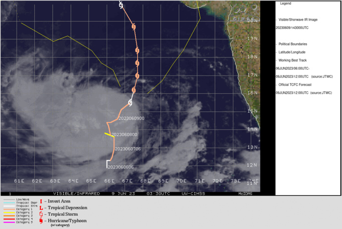 SATELLITE ANALYSIS, INITIAL POSITION AND INTENSITY DISCUSSION: ANIMATED ENHANCED INFRARED (EIR) SATELLITE IMAGERY DEPICTS A STEADILY WEAKENING CONVECTIVE CORE WITH A CLUSTER OF FLARING DEEP CONVECTION OBSCURING THE LOW-LEVEL CIRCULATION (LLC). EIR ALSO SHOWS A SECOND CLUSTER OF DEEP CONVECTION SEPARATED FROM THE CORE CONVECTION AND DISPLACED OVER THE WESTERN PERIPHERY OF THE SYSTEM. A 091146Z SSMIS 91GHZ MICROWAVE IMAGE REVEALS DISORGANIZED CORE CONVECTION SHEARED WESTWARD OF A PARTIALLY-EXPOSED LLC WITH A CURVED CONVECTIVE BAND DISCONNECTED TO THE WEST. THE INITIAL POSITION IS PLACED WITH MEDIUM CONFIDENCE BASED ON THE SSMIS IMAGE. UPPER-LEVEL ANALYSIS CONTINUES TO INDICATE MODERATE TO HIGH EASTERLY VERTICAL WIND SHEAR (VWS) OFFSET SOMEWHAT BY BROAD DIFFLUENCE ALOFT. THE INITIAL INTENSITY OF 60 KTS IS ASSESSED WITH MEDIUM CONFIDENCE BASED ON THE PGTW DATA-T ESTIMATE OF T3.5 (55 KNOTS) AND AN AIDT OBJECTIVE ESTIMATE OF 62 KNOTS. DVORAK CURRENT INTENSITY ESTIMATES FROM ALL THREE AGENCIES ARE SLIGHTLY HIGHER AT 65 KNOTS. SATELLITE ANALYSIS, INITIAL POSITION AND INTENSITY DISCUSSION: ANIMATED ENHANCED INFRARED (EIR) SATELLITE IMAGERY DEPICTS A STEADILY WEAKENING CONVECTIVE CORE WITH A CLUSTER OF FLARING DEEP CONVECTION OBSCURING THE LOW-LEVEL CIRCULATION (LLC). EIR ALSO SHOWS A SECOND CLUSTER OF DEEP CONVECTION SEPARATED FROM THE CORE CONVECTION AND DISPLACED OVER THE WESTERN PERIPHERY OF THE SYSTEM. A 091146Z SSMIS 91GHZ MICROWAVE IMAGE REVEALS DISORGANIZED CORE CONVECTION SHEARED WESTWARD OF A PARTIALLY-EXPOSED LLC WITH A CURVED CONVECTIVE BAND DISCONNECTED TO THE WEST. THE INITIAL POSITION IS PLACED WITH MEDIUM CONFIDENCE BASED ON THE SSMIS IMAGE. UPPER-LEVEL ANALYSIS CONTINUES TO INDICATE MODERATE TO HIGH EASTERLY VERTICAL WIND SHEAR (VWS) OFFSET SOMEWHAT BY BROAD DIFFLUENCE ALOFT. THE INITIAL INTENSITY OF 60 KTS IS ASSESSED WITH MEDIUM CONFIDENCE BASED ON THE PGTW DATA-T ESTIMATE OF T3.5 (55 KNOTS) AND AN AIDT OBJECTIVE ESTIMATE OF 62 KNOTS. DVORAK CURRENT INTENSITY ESTIMATES FROM ALL THREE AGENCIES ARE SLIGHTLY HIGHER AT 65 KNOTS.