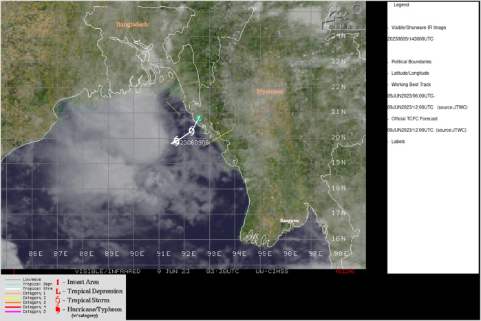 SATELLITE ANALYSIS, INITIAL POSITION AND INTENSITY DISCUSSION: ANIMATED ENHANCED INFRARED (EIR) SATELLITE IMAGERY DEPICTS A PARTIALLY-EXPOSED LOW-LEVEL CIRCULATION (LLC) WITH DEEP CONVECTION FLARING OVER THE WESTERN SEMICIRCLE. A 091004Z SSMIS 91GHZ COLOR COMPOSITE MICROWAVE IMAGE REVEALS A LINEAR BAND OF DEEP CONVECTION SHEARING WESTWARD WITH A WEAKLY DEFINED LLC NEAR THE EASTERN EDGE OF THE BAND. THE INITIAL POSITION IS PLACED WITH MEDIUM CONFIDENCE BASED ON THE EIR IMAGERY AND THE SSMIS IMAGE. ENVIRONMENTAL ANALYSIS INDICATES A MARGINALLY UNFAVORABLE ENVIRONMENT WITH HIGH (25-30 KNOTS) EASTERLY VERTICAL WIND SHEAR AND BROAD DIFFLUENCE ALOFT. THE INITIAL INTENSITY OF 40 KTS IS ASSESSED WITH MEDIUM CONFIDENCE BASED ON A RECENT 090355Z ASCAT-B BULLSEYE IMAGE SHOWING A SWATH OF 35 TO 40 KNOT WINDS OVER THE SOUTHERN SEMICIRCLE. DVORAK INTENSITY ESTIMATES REMAIN TOO LOW HOWEVER THE CIMSS ADT ESTIMATE OF 41 KNOTS IS SUPPORTIVE. SATELLITE ANALYSIS, INITIAL POSITION AND INTENSITY DISCUSSION: ANIMATED ENHANCED INFRARED (EIR) SATELLITE IMAGERY DEPICTS A PARTIALLY-EXPOSED LOW-LEVEL CIRCULATION (LLC) WITH DEEP CONVECTION FLARING OVER THE WESTERN SEMICIRCLE. A 091004Z SSMIS 91GHZ COLOR COMPOSITE MICROWAVE IMAGE REVEALS A LINEAR BAND OF DEEP CONVECTION SHEARING WESTWARD WITH A WEAKLY DEFINED LLC NEAR THE EASTERN EDGE OF THE BAND. THE INITIAL POSITION IS PLACED WITH MEDIUM CONFIDENCE BASED ON THE EIR IMAGERY AND THE SSMIS IMAGE. ENVIRONMENTAL ANALYSIS INDICATES A MARGINALLY UNFAVORABLE ENVIRONMENT WITH HIGH (25-30 KNOTS) EASTERLY VERTICAL WIND SHEAR AND BROAD DIFFLUENCE ALOFT. THE INITIAL INTENSITY OF 40 KTS IS ASSESSED WITH MEDIUM CONFIDENCE BASED ON A RECENT 090355Z ASCAT-B BULLSEYE IMAGE SHOWING A SWATH OF 35 TO 40 KNOT WINDS OVER THE SOUTHERN SEMICIRCLE. DVORAK INTENSITY ESTIMATES REMAIN TOO LOW HOWEVER THE CIMSS ADT ESTIMATE OF 41 KNOTS IS SUPPORTIVE.