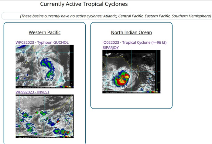 JTWC IS ISSUING 6HOURLY WARNINGS AND 3HOURLY SATELLITE BULLETINS ON TY 03W(GUCHOL) AND TC 02A(BIPARJOY). JTWC IS ISSUING 6HOURLY WARNINGS AND 3HOURLY SATELLITE BULLETINS ON TY 03W(GUCHOL) AND TC 02A(BIPARJOY).