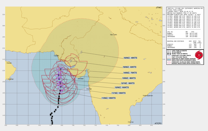 FORECAST REASONING.  SIGNIFICANT FORECAST CHANGES: THERE ARE NO SIGNIFICANT CHANGES TO THE FORECAST FROM THE PREVIOUS WARNING.  FORECAST DISCUSSION: TC 02A IS FORECAST TO CONTINUE GENERALLY NORTHWARD UNDER THE STEERING INFLUENCE OF THE STR TO THE EAST. CURRENTLY IN A MARGINALLY FAVORABLE ENVIRONMENT, 02A HAS DEMONSTRATED A PROCLIVITY FOR INTENSIFICATION DESPITE NEARLY 30KTS OF VERTICAL WIND SHEAR. OVER THE PAST SIX HOURS, 02A HAS REDUCED ITS VERTICAL TILT AND LARGELY RECONSOLIDATED ITS CONVECTIVE COVER NEARLY TO THE POINT OF FORMING AN EYE IN VISIBLE IMAGERY. IF THE SYSTEM CAN MAINTAIN THIS TREND WHILE THE OUTFLOW PATH TO THE WEST IS AVAILABLE, THE POSSIBILITY FOR SHORT TERM INTENSIFICATION THROUGH TAU 12 CANNOT BE RULED OUT. AS THE SYSTEM PROGRESSES POLEWARD, THE WESTWARD OUTFLOW CHANNEL IS CUTOFF AND REPLACED WITH SUBSIDENCE ALOFT, WHICH TOGETHER WITH NEARLY 30KTS OF VWS AND DRY AIR ENTRAINMENT WILL WEAKENING THE SYSTEM THROUGH TAU 72. AFTER TAU 72, THE SYSTEM WILL TURN NORTHEASTWARD AND MAKE LANDFALL AS THE STR REORIENTS. THROUGH THE FORECAST PERIOD THE SYSTEM WILL BE EVISCERATED AS IT PROCEEDS INLAND, RAPIDLY WEAKENING TO 45KTS BY TAU 120.