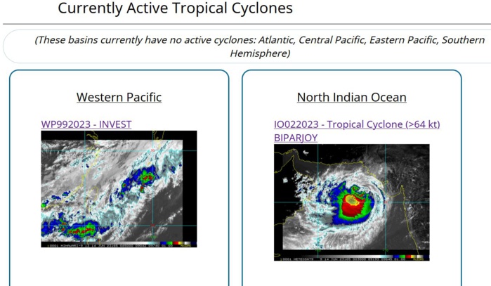 TC 02A(BIPARJOY) forecast to make landfall near the India/Pakistan border by 36h//Invest 99W/ 10 Day GTHO maps//1403utc 