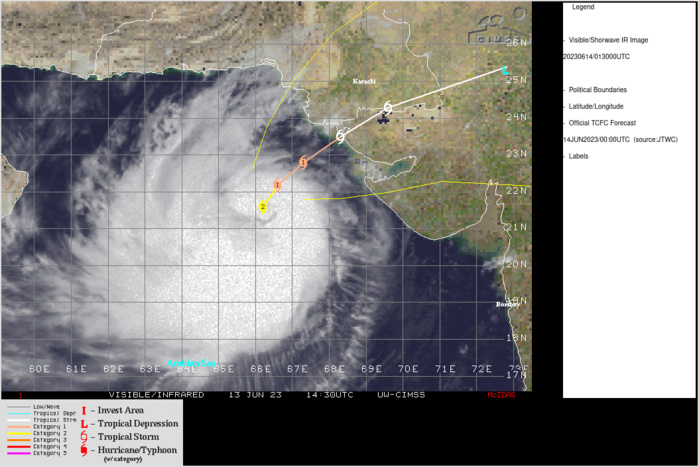 SATELLITE ANALYSIS, INITIAL POSITION AND INTENSITY DISCUSSION: TROPICAL CYCLONE (TC) 02A REMAINS SURPRISINGLY RESILIENT AGAINST STRONG, PERSISTENT (30 KNOTS) NORTHEASTERLY VERTICAL WIND SHEAR (VWS). ANIMATED ENHANCED INFRARED (EIR) SATELLITE IMAGERY DEPICTS RAPIDLY PULSING CORE CONVECTION WRAPPING INTO THE EASTERN QUADRANT WITH THE BULK OF THE DEEP CONVECTION DISPLACED OVER THE SOUTHERN SEMICIRCLE. ENVIRONMENTAL CONDITIONS REMAIN MARGINAL WITH STRONG VWS AND HIGH-LEVEL DRY AIR ENTRAINMENT OFFSET SOMEWHAT BY MODERATE WESTWARD OUTFLOW AND VERY WARM SST VALUES. THE SYSTEM HAS BECOME MORE VERTICALLY ALIGNED WITH IMPROVED CORE STRUCTURE AS INDICATED IN A 132327Z SSMIS 91GHZ MICROWAVE IMAGE, WHICH REVEALS TIGHTLY-CURVED BANDING WRAPPING AROUND A WELL-DEFINED, 30-35NM DIAMETER MICROWAVE EYE FEATURE. THE SSMIS 37GHZ MICROWAVE IMAGE SHOWS THE LOW-LEVEL CIRCULATION IS NOW POSITIONED ONLY ABOUT 5NM NORTHEAST OF THE UPPER- LEVEL CIRCULATION CENTER--THIS REDUCED TILT RESULTING IN A BETTER ORGANIZED SYSTEM. THANKS TO THE HIGH RESOLUTION SSMIS IMAGERY, THERE IS HIGH CONFIDENCE IN THE INITIAL POSITION. AFTER CONSIDERABLE DISCUSSION, THE 131200Z INTENSITY WAS INCREASED TO 95 KNOTS SUPPORTED BY THE 131330Z RCM-1 SAR DATA WITH MAXIMUM WINDS OF 96 KNOTS OVER THE SOUTHEAST QUADRANT; THE 131800Z INTENSITY WAS ADJUSTED UP SLIGHTLY TO 90 KNOTS; AND THE 140000Z INITIAL INTENSITY WAS CONSERVATIVELY HELD AT 90 KNOTS, WHICH IS SUPPORTED BY THE KNES CURRENT INTENSITY ESTIMATE. SUBJECTIVE DVORAK DATA-T ESTIMATES AND THE RECENT OBJECTIVE CIMSS SATCON AND ADT ESTIMATES HAVE DECREASED SUBSTANTIALLY BUT APPEAR TOO LOW BASED ON THE RECENT SAR IMAGE AND A 131709Z ULTRA HIGH RESOLUTION ASCAT IMAGE. SATELLITE ANALYSIS, INITIAL POSITION AND INTENSITY DISCUSSION: TROPICAL CYCLONE (TC) 02A REMAINS SURPRISINGLY RESILIENT AGAINST STRONG, PERSISTENT (30 KNOTS) NORTHEASTERLY VERTICAL WIND SHEAR (VWS). ANIMATED ENHANCED INFRARED (EIR) SATELLITE IMAGERY DEPICTS RAPIDLY PULSING CORE CONVECTION WRAPPING INTO THE EASTERN QUADRANT WITH THE BULK OF THE DEEP CONVECTION DISPLACED OVER THE SOUTHERN SEMICIRCLE. ENVIRONMENTAL CONDITIONS REMAIN MARGINAL WITH STRONG VWS AND HIGH-LEVEL DRY AIR ENTRAINMENT OFFSET SOMEWHAT BY MODERATE WESTWARD OUTFLOW AND VERY WARM SST VALUES. THE SYSTEM HAS BECOME MORE VERTICALLY ALIGNED WITH IMPROVED CORE STRUCTURE AS INDICATED IN A 132327Z SSMIS 91GHZ MICROWAVE IMAGE, WHICH REVEALS TIGHTLY-CURVED BANDING WRAPPING AROUND A WELL-DEFINED, 30-35NM DIAMETER MICROWAVE EYE FEATURE. THE SSMIS 37GHZ MICROWAVE IMAGE SHOWS THE LOW-LEVEL CIRCULATION IS NOW POSITIONED ONLY ABOUT 5NM NORTHEAST OF THE UPPER- LEVEL CIRCULATION CENTER--THIS REDUCED TILT RESULTING IN A BETTER ORGANIZED SYSTEM. THANKS TO THE HIGH RESOLUTION SSMIS IMAGERY, THERE IS HIGH CONFIDENCE IN THE INITIAL POSITION. AFTER CONSIDERABLE DISCUSSION, THE 131200Z INTENSITY WAS INCREASED TO 95 KNOTS SUPPORTED BY THE 131330Z RCM-1 SAR DATA WITH MAXIMUM WINDS OF 96 KNOTS OVER THE SOUTHEAST QUADRANT; THE 131800Z INTENSITY WAS ADJUSTED UP SLIGHTLY TO 90 KNOTS; AND THE 140000Z INITIAL INTENSITY WAS CONSERVATIVELY HELD AT 90 KNOTS, WHICH IS SUPPORTED BY THE KNES CURRENT INTENSITY ESTIMATE. SUBJECTIVE DVORAK DATA-T ESTIMATES AND THE RECENT OBJECTIVE CIMSS SATCON AND ADT ESTIMATES HAVE DECREASED SUBSTANTIALLY BUT APPEAR TOO LOW BASED ON THE RECENT SAR IMAGE AND A 131709Z ULTRA HIGH RESOLUTION ASCAT IMAGE.
