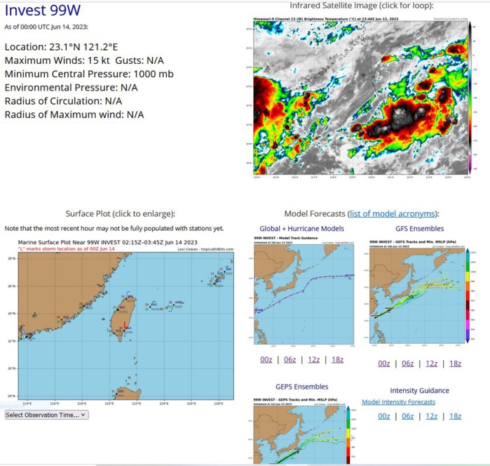 TC 02A(BIPARJOY) forecast to make landfall near the India/Pakistan border by 36h//Invest 99W/ 10 Day GTHO maps//1403utc 