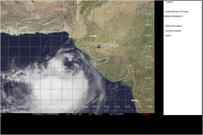 SATELLITE ANALYSIS, INITIAL POSITION AND INTENSITY DISCUSSION: ANIMATED MULTISPECTRAL SATELLITE IMAGERY (MSI) DEPICTS A VERTICALLY DECOUPLED CIRCULATION, AS THE LLCC STEAMS TOWARDS THE COAST OF INDIA AND THE UPPER LEVEL FEATURES LAG BEHIND. NEARLY THE ENTIRE NORTHERN SEMICIRCLE OF THE CIRCULATION IS ENGULFED IN DRY AIR PARTIALLY REVEALING THE LLCC. A RECENT 150508Z AMSUB 89GHZ MICROWAVE IMAGE REVEALS A BROADENING CIRCULATION WITH DEEP CONVECTION LIMITED TO THE SOUTHERN SEMICIRCLE. A PARTIAL 150124Z SMAP MICROWAVE RADIOMETER PASS REVEALS THE MAXIMUM WINDS (64-65KTS) RESIDE IN THE SOUTHERN REGION OF THE LLCC, WHILE 36-45KT WINDS DOMINATE ELSEWHERE. THE INITIAL POSITION IS PLACED WITH MEDIUM CONFIDENCE BASED ON MSI AND AMSUB IMAGERY. THE INITIAL INTENSITY OF 60 KTS IS ASSESSED WITH MEDIUM CONFIDENCE BASED ON 150124Z SMAP DATA INDICATING SLIGHTLY ABOVE PGTW AND KNES DVORAK INTENSITY ESTIMATES WHILE MOST OTHER AUTOMATED ESTIMATES REMAIN TOO LOW.