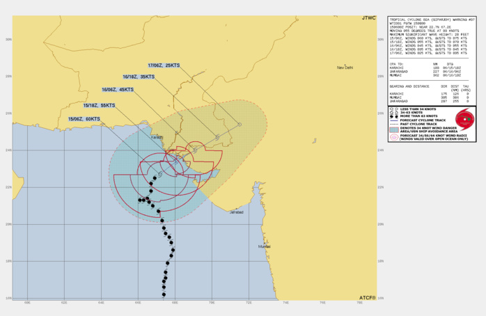 FORECAST REASONING. SIGNIFICANT FORECAST CHANGES: THERE ARE NO SIGNIFICANT CHANGES TO THE FORECAST FROM THE PREVIOUS WARNING. FORECAST DISCUSSION: THE NEARLY 800NM JOURNEY OF TC 02A (BIPARJOY) IS RAPIDLY COMING TO A CLOSE. OVER THE NEXT 12 HOURS, 02A WILL CONTINUE TO APPROACH THE PAKISTAN-INDIA BOARDER. DURING THIS TIME, INCREASING LAND INTERACTION WILL COMBINE WITH ALREADY MODERATE VERTICAL WIND SHEAR (VWS) AND DRY AIR ENTRAINMENT TO GRADUALLY WEAKEN THE SYSTEM TO AROUND 55KTS. AFTER MAKING LANDFALL JUST AFTER TAU 12, THE SYSTEM WILL BE PUSHED INLAND BY THE STR OVER SOUTHERN INDIA AND THE BUILDING RIDGE OVER THE STRAIT OF HORMUZ. AS IS USUALLY THE CASE, MAKING LANDFALL IS GAME OVER. THE SYSTEM WILL RAPIDLY WEAKEN AND DETERIORATE THROUGH TAU 36, EVENTUALLY DISSIPATING NEAR TAU 48. FORECAST REASONING. SIGNIFICANT FORECAST CHANGES: THERE ARE NO SIGNIFICANT CHANGES TO THE FORECAST FROM THE PREVIOUS WARNING. FORECAST DISCUSSION: THE NEARLY 800NM JOURNEY OF TC 02A (BIPARJOY) IS RAPIDLY COMING TO A CLOSE. OVER THE NEXT 12 HOURS, 02A WILL CONTINUE TO APPROACH THE PAKISTAN-INDIA BOARDER. DURING THIS TIME, INCREASING LAND INTERACTION WILL COMBINE WITH ALREADY MODERATE VERTICAL WIND SHEAR (VWS) AND DRY AIR ENTRAINMENT TO GRADUALLY WEAKEN THE SYSTEM TO AROUND 55KTS. AFTER MAKING LANDFALL JUST AFTER TAU 12, THE SYSTEM WILL BE PUSHED INLAND BY THE STR OVER SOUTHERN INDIA AND THE BUILDING RIDGE OVER THE STRAIT OF HORMUZ. AS IS USUALLY THE CASE, MAKING LANDFALL IS GAME OVER. THE SYSTEM WILL RAPIDLY WEAKEN AND DETERIORATE THROUGH TAU 36, EVENTUALLY DISSIPATING NEAR TAU 48.