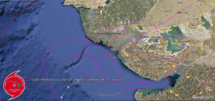 TC 02A(BIPARJOY) making landfall close to the PAKISTAN/INDIA border shortly after 12hours//1509utc