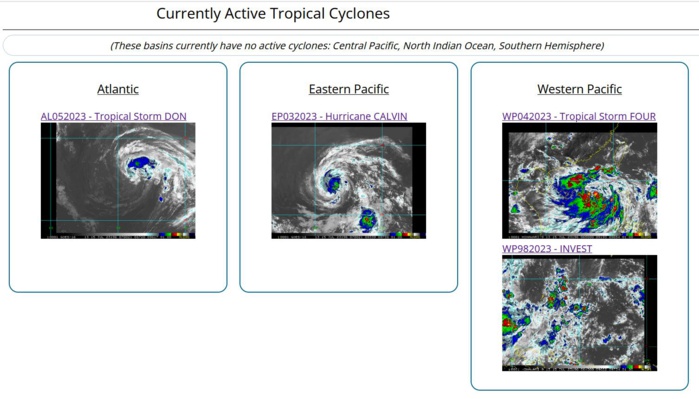 South China Sea: TS 04W forecast to reach Typhoon intensity by 24h//HU 03E(CALVIN) peaked at CAT 3 US// SS 05L(DON)//1506utc