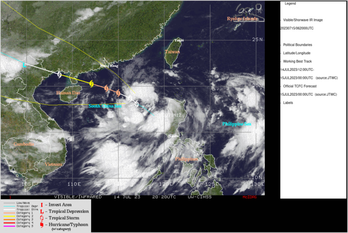 SATELLITE ANALYSIS, INITIAL POSITION AND INTENSITY DISCUSSION: ANIMATED MULTISPECTRAL SATELLITE IMAGERY (MSI) SHOWS A LARGE SYSTEM (440NM+ ACROSS) IN THE SOUTH CHINA SEA (SCS) THAT CONTINUED TO CONSOLIDATE AND HAS INTENSIFIED INTO A TROPICAL STORM WITH ITS  BROAD RAIN BANDS TRAILING SOUTHWESTWARD ALL THE WAY TO BORNEO. THE  INITIAL POSITION IS PLACED WITH MEDIUM CONFIDENCE BASED ON A RAGGED  BUT DEFINED LLC FEATURE IN THE 142155Z SSMIS, THE INTENSITY IS  ASSESSED WITH HIGH CONFIDENCE FROM THE PGTW AND D-PRINT DVORAK  ESTIMATES AND REFLECTS THE 6-HR CONVECTIVE AND WRAP IMPROVEMENTS.  ANALYSIS INDICATES A FAVORABLE ENVIRONMENT WITH STRONG POLEWARD  OUTFLOW, LOW VWS ALOFT, AND WARM SST IN THE SOUTH CHINA SEA (SCS).  THE SYSTEM IS ALSO TAPPING INTO A POLEWARD OUTFLOW CHANNEL EMANATING  FROM A TUTT TO THE NORTHWEST, ALSO EVIDENT IN THE EIR LOOP.