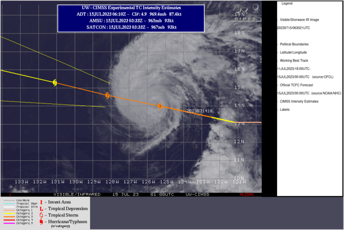 South China Sea: TS 04W forecast to reach Typhoon intensity by 24h//HU 03E(CALVIN) peaked at CAT 3 US// SS 05L(DON)//1506utc