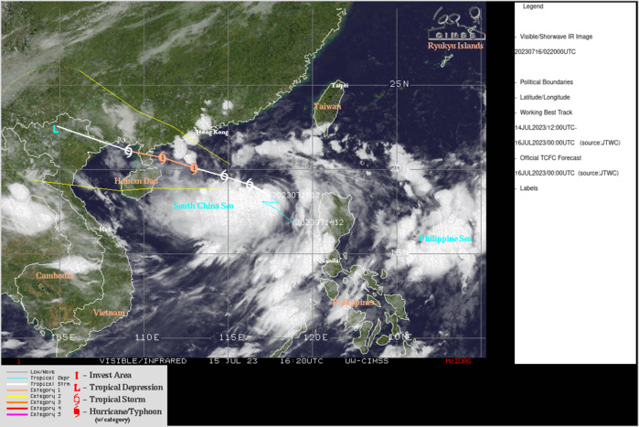 SATELLITE ANALYSIS, INITIAL POSITION AND INTENSITY DISCUSSION: ANIMATED MULTISPECTRAL SATELLITE IMAGERY (MSI) SHOWS A LARGE SYSTEM (400+ NM ACROSS) IN THE SOUTH CHINA SEA (SCS) THAT CONTINUED TO SLOWLY CONSOLIDATE AS ITS EXPANSIVE RAIN BANDS WRAPPED TIGHTER INTO THE LOW LEVEL CIRCULATION (LLC) THAT HAS BECOME PARTLY EXPOSED ALONG THE NORTHERN PERIPHERIES. THE INITIAL POSITION IS PLACED WITH MEDIUM CONFIDENCE BY EXTRAPOLATING LOW CLOUD LINES INTO THE NOW PARTLY EXPOSED LLC. THE INITIAL INTENSITY IS ALSO ASSESSED WITH MEDIUM CONFIDENCE BASED ON THE OVERALL ASSESSMENT OF AGENCY AND AUTOMATED DVORAK ESTIMATES AND REFLECTS THE 6-HR CONVECTIVE AND WRAP IMPROVEMENTS. ANALYSIS INDICATES A FAVORABLE ENVIRONMENT WITH STRONG EQUATORWARD OUTFLOW AND WARM SST IN THE SOUTH CHINA SEA (SCS) OFFSETTING THE MEDIUM TO HIGH VWS. SATELLITE ANALYSIS, INITIAL POSITION AND INTENSITY DISCUSSION: ANIMATED MULTISPECTRAL SATELLITE IMAGERY (MSI) SHOWS A LARGE SYSTEM (400+ NM ACROSS) IN THE SOUTH CHINA SEA (SCS) THAT CONTINUED TO SLOWLY CONSOLIDATE AS ITS EXPANSIVE RAIN BANDS WRAPPED TIGHTER INTO THE LOW LEVEL CIRCULATION (LLC) THAT HAS BECOME PARTLY EXPOSED ALONG THE NORTHERN PERIPHERIES. THE INITIAL POSITION IS PLACED WITH MEDIUM CONFIDENCE BY EXTRAPOLATING LOW CLOUD LINES INTO THE NOW PARTLY EXPOSED LLC. THE INITIAL INTENSITY IS ALSO ASSESSED WITH MEDIUM CONFIDENCE BASED ON THE OVERALL ASSESSMENT OF AGENCY AND AUTOMATED DVORAK ESTIMATES AND REFLECTS THE 6-HR CONVECTIVE AND WRAP IMPROVEMENTS. ANALYSIS INDICATES A FAVORABLE ENVIRONMENT WITH STRONG EQUATORWARD OUTFLOW AND WARM SST IN THE SOUTH CHINA SEA (SCS) OFFSETTING THE MEDIUM TO HIGH VWS.
