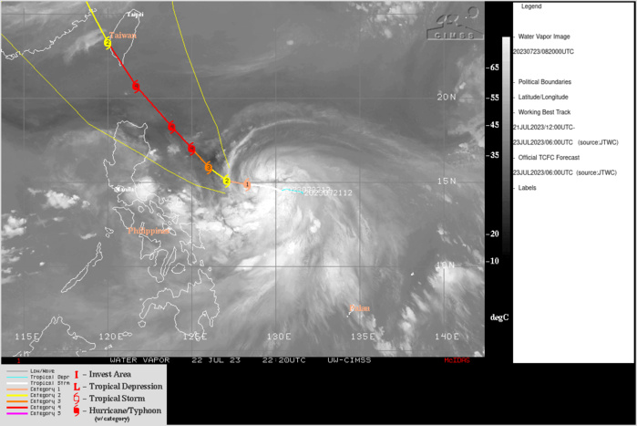 SATELLITE ANALYSIS, INITIAL POSITION AND INTENSITY DISCUSSION: ANALYSIS OF ANIMATED MULTISPECTRAL SATELLITE IMAGERY (MSI) INDICATES THAT TYPHOON (TY) 05W (DOKSURI) HAS BEGUN TO RAPIDLY INTENSIFY. THE ANIMATED MSI SUGGESTS THAT THE VORTEX REMAINS SLIGHTLY TILTED, AS THE LOW LEVEL CIRCULATION CENTER (LLCC) CAN BE SEEN WITHIN THE BROAD, RAGGED EYE, DISPLACED SLIGHTLY WEST OF THE UPPER-LEVEL VORTEX CENTER. BUT THE INNER CORE IS RAPIDLY CONSOLIDATING AND UNDERGOING AXISYMMETRIZATION, TAKING ADVANTAGE OF A PERIOD OF LOW VERTICAL WIND SHEAR (VWS) AND STEADILY IMPROVING UPPER-LEVEL OUTFLOW. THE MSI SHOWS DEEP CONVECTION IS STILL SPOTTY AROUND THE NASCENT EYE FEATURE AND HAS AS OF THE 230700Z HOUR NOT YET FORMED A COHERENT EYEWALL, BUT ITS ALMOST THERE. THE INITIAL POSITION IS ASSESSED WITH HIGH CONFIDENCE BASED ON THE VISIBLE LOW-LEVEL STRUCTURE IN THE ANIMATED MSI. THE INITIAL INTENSITY AT 230600Z WAS ASSESSED WITH HIGH CONFIDENCE BASED ON T4.0 DVORAK CURRENT INTENSITY ESTIMATES FROM PGTW, KNES AND RCTP, WITH ADDITIONAL SUPPORT FROM THE ADT ESTIMATE OF 65 KNOTS AND A DPRINT ESTIMATE OF 70 KNOTS. A HINT OF WHAT IS TO COME IS PROVIDED BY THE ADT RAW, WHICH AS OF 230700Z IS ALREADY UP TO T5.7. ANIMATED WATER VAPOR IMAGERY AND MESOSCALE ATMOSPHERIC MOTION VECTORS (AMVS) DEPICT DRAMATICALLY IMPROVED UPPER-LEVEL OUTFLOW, PARTICULARLY TO POLEWARD AS THE SYSTEM HAS DEVELOPED A POINT SOURCE OVER TOP OF THE SYSTEM, ENHANCED BY CONTINUED FLOW INTO THE TUTT-CELL THAT REMAINS NORTHEAST. OF NOTE, ANOTHER CUTOFF UPPER-LEVEL LOW IS SLIDING SOUTH OF 30N TO THE EAST OF JAPAN AT PRESENT. THE OUTFLOW OF TY 05W HAS NOT YET REACHED THAT FAR NORTH, BUT SOON WILL AND THEN THINGS WILL GET REALLY EXCITING. IN ADDITION TO THE ROBUST OUTFLOW ENVIRONMENT, THE SYSTEM SITS IN A POCKET OF LITTLE TO NO SHEAR AND IS MOVING OVER ZESTY 30C WATERS WITH HIGH OHC EXCEEDING 90 KJ PER CM2 AND GETTING HIGHER. TO SUM IT UP, CONDITIONS COULD NOT BE BETTER FOR NEAR-TERM RAPID INTENSIFICATION (RI). SATELLITE ANALYSIS, INITIAL POSITION AND INTENSITY DISCUSSION: ANALYSIS OF ANIMATED MULTISPECTRAL SATELLITE IMAGERY (MSI) INDICATES THAT TYPHOON (TY) 05W (DOKSURI) HAS BEGUN TO RAPIDLY INTENSIFY. THE ANIMATED MSI SUGGESTS THAT THE VORTEX REMAINS SLIGHTLY TILTED, AS THE LOW LEVEL CIRCULATION CENTER (LLCC) CAN BE SEEN WITHIN THE BROAD, RAGGED EYE, DISPLACED SLIGHTLY WEST OF THE UPPER-LEVEL VORTEX CENTER. BUT THE INNER CORE IS RAPIDLY CONSOLIDATING AND UNDERGOING AXISYMMETRIZATION, TAKING ADVANTAGE OF A PERIOD OF LOW VERTICAL WIND SHEAR (VWS) AND STEADILY IMPROVING UPPER-LEVEL OUTFLOW. THE MSI SHOWS DEEP CONVECTION IS STILL SPOTTY AROUND THE NASCENT EYE FEATURE AND HAS AS OF THE 230700Z HOUR NOT YET FORMED A COHERENT EYEWALL, BUT ITS ALMOST THERE. THE INITIAL POSITION IS ASSESSED WITH HIGH CONFIDENCE BASED ON THE VISIBLE LOW-LEVEL STRUCTURE IN THE ANIMATED MSI. THE INITIAL INTENSITY AT 230600Z WAS ASSESSED WITH HIGH CONFIDENCE BASED ON T4.0 DVORAK CURRENT INTENSITY ESTIMATES FROM PGTW, KNES AND RCTP, WITH ADDITIONAL SUPPORT FROM THE ADT ESTIMATE OF 65 KNOTS AND A DPRINT ESTIMATE OF 70 KNOTS. A HINT OF WHAT IS TO COME IS PROVIDED BY THE ADT RAW, WHICH AS OF 230700Z IS ALREADY UP TO T5.7. ANIMATED WATER VAPOR IMAGERY AND MESOSCALE ATMOSPHERIC MOTION VECTORS (AMVS) DEPICT DRAMATICALLY IMPROVED UPPER-LEVEL OUTFLOW, PARTICULARLY TO POLEWARD AS THE SYSTEM HAS DEVELOPED A POINT SOURCE OVER TOP OF THE SYSTEM, ENHANCED BY CONTINUED FLOW INTO THE TUTT-CELL THAT REMAINS NORTHEAST. OF NOTE, ANOTHER CUTOFF UPPER-LEVEL LOW IS SLIDING SOUTH OF 30N TO THE EAST OF JAPAN AT PRESENT. THE OUTFLOW OF TY 05W HAS NOT YET REACHED THAT FAR NORTH, BUT SOON WILL AND THEN THINGS WILL GET REALLY EXCITING. IN ADDITION TO THE ROBUST OUTFLOW ENVIRONMENT, THE SYSTEM SITS IN A POCKET OF LITTLE TO NO SHEAR AND IS MOVING OVER ZESTY 30C WATERS WITH HIGH OHC EXCEEDING 90 KJ PER CM2 AND GETTING HIGHER. TO SUM IT UP, CONDITIONS COULD NOT BE BETTER FOR NEAR-TERM RAPID INTENSIFICATION (RI).