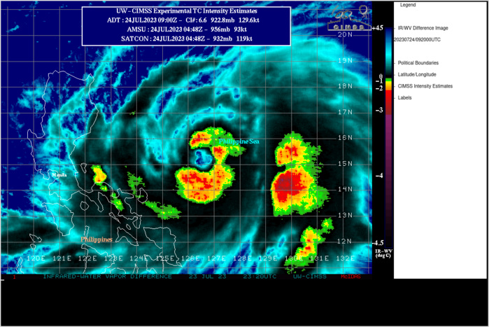 SATELLITE ANALYSIS, INITIAL POSITION AND INTENSITY DISCUSSION: TYPHOON (TY) 05W (DOKSURI) HAS CERTAINLY PUT ON A SHOW OVER THE PAST DAY OR SO, RAPIDLY INTENSIFYING FROM 65 KNOTS 24 HOURS AGO, TO 115 KNOTS AT PRESENT. ANIMATED MULTISPECTRAL SATELLITE IMAGERY (MSI) DEPICTS A RAGGED, CLOUD FILLED 25NM WIDE EYE, WHICH HAS SHRUNK IN SIZE IN THE PAST SIX HOURS BUT HAS ALSO BECOME LESS DEFINED. A 240458Z AMSR2 36GHZ MICROWAVE IMAGE SHOWED A VERY CLEAR LOW-LEVEL MICROWAVE EYE VERTICALLY ALIGNED WITH THE MUCH LARGER 89GHZ EYE FEATURE. THE 89GHZ IMAGE ALSO SHOWS THAT THE EYEWALL IS STILL OPEN ON THE NORTHWEST SIDE, WHICH HAS BEEN A PERSISTENT ISSUE WITH THIS SYSTEM, LIKELY A LINGERING EFFECT OF SOME MID-LEVEL DRY AIR THAT IS STUBBORNLY REMAINING IN PLACE. ADDITIONALLY, THE 89GHZ IMAGE SHOWS A STATIONARY BANDING COMPLEX (SBC) ARCING ACROSS THE SOUTHERN FLANK AND CONNECTING WITH THE EYEWALL IN THE SOUTHEAST QUADRANT, AS WELL AS A SLIVER OF A DEVELOPING MOAT ALONG THE WESTERN PERIPHERY. THESE FEATURES WILL BE IMPORTANT IN THE FORECAST INTENSITY FOR TY 05W GOING FORWARD. THE INITIAL POSITION IS ASSESSED WITH HIGH CONFIDENCE BASED ON THE MICROWAVE IMAGERY AND MSI. THE INITIAL INTENSITY IS ASSESSED WITH MEDIUM CONFIDENCE, ON THE HIGHER END OF THE AGENCY DVORAK CURRENT INTENSITY ESTIMATES, BUT SLIGHTLY LOWER THAN THE VERY AGGRESSIVE ADT ESTIMATES, MORE IN LINE WITH THE DPRINT (112 KTS) AND DMINT (113 KTS) ESTIMATES. THE SYSTEM MAY HAVE BRIEFLY PEAKED AROUND 240130Z BASED ON THE EYE AND CLOUD TOP TEMPERATURES, WHICH HAVE SUBSEQUENTLY COOLED AND WARMED RESPECTIVELY. THE WIND RADII HAVE BEEN ADJUSTED SIGNIFICANTLY LARGER BASED ON RECENT SCATTEROMETER AND AMSR2 WINDSPEED MEASUREMENTS. ANIMATED WATER VAPOR IMAGERY SHOWS GOOD POLEWARD OUTFLOW CHANNEL INTO A CUTOFF LOW SOUTH OF KYUSHU, AS WELL AS A CHANNEL EASTWARD INTO A WEAKENING TUTT-CELL TO THE EAST. SSTS REMAIN VERY WARM (29-30C) BUT OHC VALUES ARE TRENDING LOWER AS THE SYSTEM MOVES TO THE NORTHWEST.