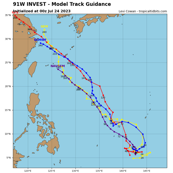 GLOBAL MODELS ARE IN  AGREEMENT THAT 91W WILL CONTINUE TO MEANDER SLOWLY TOWARDS THE NORTH- NORTHWEST FOR THE NEXT 24 HOURS BEFORE PICKING UP SPEED TOWARDS THE  NORTHWEST AFTER TAU 48, WHILE ENSEMBLES ARE PREDICTING A  NORTHEASTWARD TRACK BEFORE RECURVING TO THE NORTHWEST ALONG A SIMILAR  TIMELINE. GLOBAL MODELS SUGGEST THE SYSTEM WILL SLOWLY CONSOLIDATE  THROUGH TAU 48, BEFORE GRADUALLY INTENSIFYING THEREAFTER.