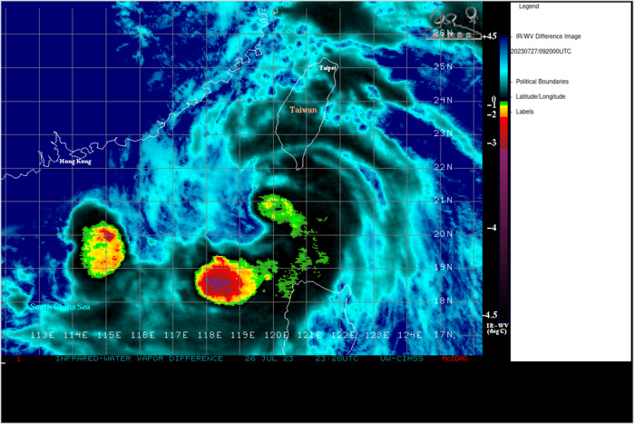 SATELLITE ANALYSIS, INITIAL POSITION AND INTENSITY DISCUSSION: ANIMATED MULTISPECTRAL SATELLITE IMAGERY (MSI) AND A RECENT 270530Z AMSR2 89GHZ MICROWAVE IMAGE INDICATES THAT TYPHOON (TY) 05W (DOKSURI) IS IN THE MIDST OF ANOTHER EYEWALL REPLACEMENT CYCLE (ERC), WITH A SMALL (35NM) INNER CORE OF DEEP CONVECTION WITH A NASCENT PINHOLE EYE, SURROUNDED BY A MOAT AND AN OUTER EYEWALL OUT 55NM TO 70NM FROM THE CENTER. THE ANIMATED MSI SHOWS THAT DEEP CONVECTION AND VORTICAL HOT TOWERS (VHTS) ARE RAPIDLY CONSOLIDATING AROUND THE DEVELOPING EYE WHILE THE OUTER EYEWALL REMAINS FAIRLY ROBUST AS WELL. COMPARISON OF THE AMSR2 IMAGERY WITH AN EARLIER ATMS 88GHZ IMAGE SUGGESTS THE OUTER EYEWALL IS ALREADY STARTING TO SHRINK DOWN. ANALYSIS OF CWB RADAR IMAGERY SHOWS THAT THE SYSTEM TOOK A SHARP WESTWARD TURN FROM APPROXIMATELY 0000Z-0300Z, BEFORE TURNING NORTHWARD AGAIN. THE INITIAL POSITION IS ASSESSED WITH HIGH CONFIDENCE BASED ON THE PINHOLE EYE IN BOTH THE MSI AND THE AMSR2 IMAGE. IN TERMS OF INTENSITY, THE BULK OF THE OBJECTIVE ESTIMATES ARE STRUGGLING WITH THE SMALL NATURE OF THE INNER CORE AND THUS ARE SIGNIFICANTLY TOO LOW. THE DMINT HOWEVER IS 80 KNOTS, AND SATCON IS AROUND 75 KNOTS, BOTH OF WHICH SUPPORT EARLIER 272200Z SENTINEL-1 AND RCM-3 SAR MEASUREMENTS OF 79 KNOTS. THE TURN WAS SHARP ENOUGH TO WARRANT AN INTERMEDIATE 0300Z POSITION. ANALYSIS REVEALS THE SYSTEM IS MOVING INTO AN AREA OF LOW (5-10 KNOTS) VWS AND IS STARTING TO TAP INTO A POLEWARD OUTFLOW CHANNEL INTO AN UPPER-LEVEL LOW PARKED WEST OF SHANGHAI, IN ADDITION TO THE ALREADY STRONG EQUATORWARD CHANNEL. SSTS ARE INCREASING AS THE SYSTEM EXITS THE AREA OF UPWELLING NORTH OF LUZON, AND AS THE SYSTEM APPROACHES THE SHALLOW COAST OF CHINA, COASTAL DOWNWELLING WILL LIKELY RESULT IN INCREASED SSTS AND OHC RIGHT ALONG THE COAST. BOTH THE RADIUS OF MAXIMUM WINDS (RMW) AND THE 34 KNOT WIND RADII HAVE BEEN REDUCED BASED ON ANALYSIS OF SAR AND ASCAT DATA.