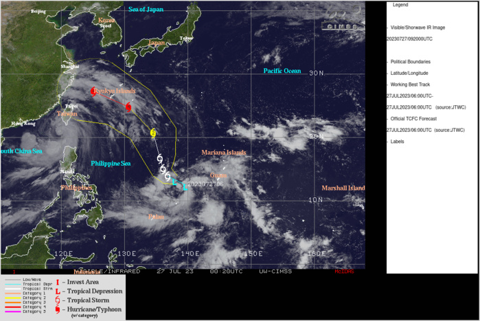 SATELLITE ANALYSIS, INITIAL POSITION AND INTENSITY DISCUSSION: ANIMATED MULTISPECTRAL SATELLITE IMAGERY (MSI) DEPICTS A BROAD CIRCULATION WITH FRAGMENTED AND DISORGANIZED CONVECTION FIRING OFF, BUT UNABLE TO PERSIST AT THIS TIME. A 262353Z ASCAT-C SCATTEROMETER PASS REVEALED A BROAD LOW LEVEL CIRCULATION CENTER (LLCC) WITH 20-25 KNOTS WINDS PRESENT IN ALL QUADRANTS, BUT WITH A RADIUS OF MAXIMUM WINDS (RMW) OF ABOUT 80NM. SUBSEQUENT AMSR2 WINDSPEED PRODUCTS INDICATED A SIMILAR ARRANGEMENT, WITH AN RMW OF ABOUT 70NM AND 25-30 KNOT WINDS LIMITED TO THE NORTHEAST QUADRANT. A 270613Z SSMIS COLOR ENHANCED 91GHZ MICROWAVE IMAGE REVEALED WELL DEFINED LOW-LEVEL BANDS BUT ONLY FRAGMENTED AREAS OF MODERATE CONVECTION. THE MICROWAVE IMAGERY AND ANIMATED MSI PROVIDED MEDIUM CONFIDENCE IN THE INITIAL POSITION. THE INITIAL INTENSITY IS ASSESSED WITH HIGH CONFIDENCE BASED ON A T1.5 DVORAK ESTIMATE FROM RJTD AND A T1.0 FROM PGTW AS WELL AS THE AFOREMENTIONED, AMSR2 AND SCATTEROMETER DATA. THE SYSTEM IS CURRENTLY TRACKING NORTHWESTWARD ALONG THE SOUTHWEST PERIPHERY OF A LOW TO MID-LEVEL NEAR-EQUATORIAL RIDGE (NER) CENTERED TO THE EAST OF THE MARIANAS. OVERALL, THE ENVIRONMENT IS CURRENTLY CHARACTERIZED AS MARGINALLY FAVORABLE, WITH VERY WARM (30-31C) SSTS AND MODERATE EQUATORWARD OUTFLOW. THE PRIMARY LIMITING FACTORS AT PRESENT ARE THE BROAD NATURE OF THE LLC AND THE NORTHERLY FLOW EMANATING FROM TY 05W PUSHING DOWN FROM THE NORTH. HOWEVER, THE SYSTEM LIES RIGHT UNDER THE INFLECTION POINT WHERE THE OUTFLOW FROM TY 05W SPLITS, AND THEREFORE SHEAR HAS LESSENED A BIT.