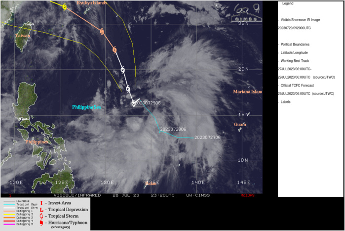 SATELLITE ANALYSIS, INITIAL POSITION AND INTENSITY DISCUSSION: ANIMATED MULTISPECTRAL SATELLITE IMAGERY (MSI) DEPICTS A BROAD LOW-LEVEL CIRCULATION (LLC) WITH MULTIPLE MESOVORTICES ROTATING CYCLONICALLY ABOUT A DEFINED CENTROID. MSI ALSO SHOWS IMPROVED DEEP CONVECTIVE BANDING WRAPPING INTO THE EASTERN SEMICIRCLE OF AN EXPOSED LLC. THE INITIAL POSITION IS BASED ON THE CENTROID AND IS PLACED WITH MEDIUM CONFIDENCE. A 290455Z ATMS 88.2GHZ IMAGE DEPICTS A BROAD AND ILL-DEFINED LLCC WITH INTENSE SPIRAL BANDING, PREDOMINANTLY OVER THE SOUTHERN PERIPHERY. A 290330Z BULLSEYE SCATTEROMETER IMAGE SHOWS A WELL-DEFINED CIRCULATION ALIGNING VERY WELL WITH THE CENTROID LOCATION. BASED ON THE AFOREMENTIONED DATA, THE 290000Z POSITION WAS RELOCATED 65NM SOUTHWEST. THE INITIAL INTENSITY OF 45 KTS IS ASSESSED WITH MEDIUM CONFIDENCE BASED ON THE KNES DVORAK ESTIMATE AND CIMSS SATCON ESTIMATE. A PREVIOUS 282117Z SMAP IMAGE DEPICTED A HIGHLY ASYMMETRIC WIND FIELD WITH 40-50 KNOT (1-MINUTE AVERAGE) WINDS ASSOCIATED WITH THE DEEPEST CONVECTIVE ELEMENTS, WHICH ALSO SUPPORTS THE INITIAL INTENSITY ESTIMATE.