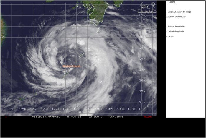 SATELLITE ANALYSIS, INITIAL POSITION AND INTENSITY DISCUSSION: ANIMATED ENHANCED INFRARED (EIR) SATELLITE IMAGERY, JMA RADAR DATA AND A 051732Z AMSR2 37GHZ MICROWAVE IMAGE INDICATE THAT TS 06W (KHANUN) HAS REMAINED REMARKABLY STABLE OVER THE PAST DAY, WITH NO MAJOR CHANGES IN STRUCTURE OR INTENSITY. THE SYSTEM REMAINS VERY LARGE, WITH A FULLY EXPOSED LOW LEVEL CIRCULATION CENTER (LLCC) EMBEDDED WITHIN A BROAD REGION OF LIGHT WINDS, SURROUNDED BY A BAND OF STRONGER WINDS WITH A RADIUS OF MAXIMUM WINDS (RMW) OF ABOUT 85NM. THE AMSR2 IMAGE SHOWS WEAK CONVECTIVE BANDING ACROSS THE MAJORITY OF THE NORTHEASTERN QUADRANT, WITH MORE IMPRESSIVE CONVECTION PRESENT FROM NORTHWEST TO SOUTHEAST OF THE CENTER, CONFIRMED BY THE RADAR DATA. AN EARLIER 050922Z RCM-1 SAR PASS INDICATING MAXIMUM WINDS OF ABOUT 60 KNOTS ACROSS THE SOUTHERN PERIPHERY, WITH SOME ISOLATED AREAS OF WINDS UP TO 64 KNOTS IN THE SOUTHWEST QUADRANT. THE SAR PROVIDES HIGH CONFIDENCE TO THE INITIAL INTENSITY, EVEN THOUGH THE BULK OF THE OBJECTIVE AND SUBJECTIVE DVORAK-BASED INTENSITY ESTIMATES ARE READING MUCH LOWER. THE SYSTEM HAS SLOWED SIGNIFICANTLY AS IT HAS APPROACHED THE CHANNEL BETWEEN TOKUNOSHIMA AND AMAMI OSHIMA ISLANDS BUT OVERALL CONTINUES TRACKING EASTWARD ALONG THE NORTHERN EDGE OF A NEAR EQUATORIAL RIDGE (NER) TO THE SOUTHEAST. THE ENVIRONMENT REMAINS MARGINALLY FAVORABLE, WITH LOW VERTICAL WIND SHEAR (VWS) OFFSET BY CONTINUED UPWELLING DUE TO THE SLOW FORWARD MOTION, WEAK OUTFLOW ALOFT, AND DRY MID-LEVEL AIR OVER TOP OF THE SYSTEM.