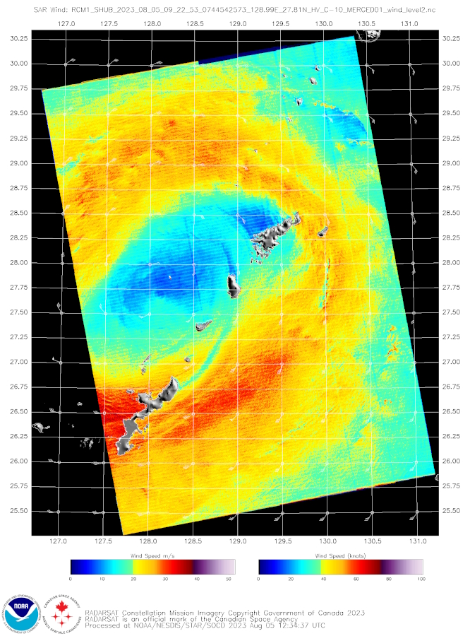 050922Z RCM-1 SAR PASS INDICATING MAXIMUM WINDS OF ABOUT 60 KNOTS ACROSS THE SOUTHERN PERIPHERY, WITH SOME ISOLATED AREAS OF WINDS UP TO 64 KNOTS IN THE SOUTHWEST QUADRANT.