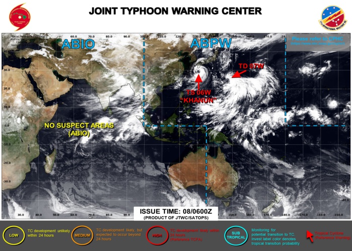 JTWC IS ISSUING 6HOURLY WARNINGS AND 3HOURLY SATELLITE BULLETINS ON 06W(KHANUN) AND 07W(LAN). 3HOURLY SATELLITE BULLETINS ARE ISSUED ON 05E(DORA).