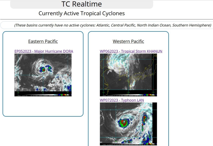 06W(KHANUN) crossing the Korean Peninsula//TY 07W(LAN) to peak by 48h//HU 05E(DORA)still CAT4 US// 3 WEEK GTHO maps//1009utc 06W(KHANUN) crossing the Korean Peninsula//TY 07W(LAN) to peak by 48h//HU 05E(DORA)still CAT4 US// 3 WEEK GTHO maps//1009utc
