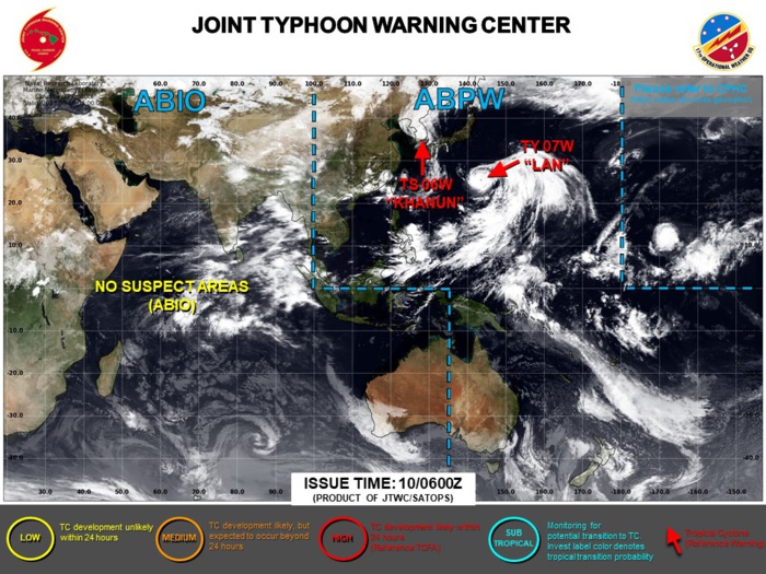 JTWC IS ISSUING 6HOURLY WARNINGS AND 3HOURLY SATELLITE BULLETINS ON 06W(KHANUN) AND 07W(LAN). 3HOURLY SATELLITE BULLETINS ARE ISSUED ON 05E(DORA).