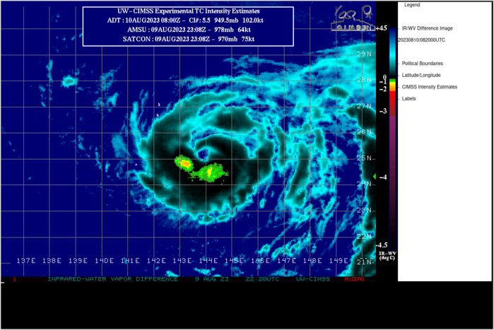 SATELLITE ANALYSIS, INITIAL POSITION AND INTENSITY DISCUSSION: ANIMATED MULTISPECTRAL SATELLITE IMAGERY (MSI) DEPICTS A RELATIVELY SMALL, TYPHOON STRENGTH CIRCULATION WITH A ROUGHLY 30NM RAGGED EYE FEATURE. A RECENT 100400Z AMSR2 89GHZ MICROWAVE IMAGE REVEALS A SINGLE DOMINANT BAND OF DEEP CONVECTION NEARLY ENCIRCLING THE LLCC, BEYOND WHICH THERE IS MINIMAL ORGANIZED DEEP CONVECTIVE ACTIVITY. THE INITIAL POSITION IS PLACED WITH HIGH CONFIDENCE BASED ON MSI AND AMSR2 IMAGERY. THE INITIAL INTENSITY OF 70 KTS IS ASSESSED WITH MEDIUM CONFIDENCE BASED PRIMARILY ON AGENCY DVORAK INTENSITY ESTIMATES WHICH ALL SUPPORT 75KTS. THE BULK OF THE REMAINING AUTOMATED INTENSITY ESTIMATES ARE SUSPICIOUSLY HIGH, IN MOST CASES HOVERING AROUND 100KTS WHICH BASED ON CONFIRMATION FROM PREVIOUS SAR AND SMAP PASSES IS WELL BEYOND REALITY.