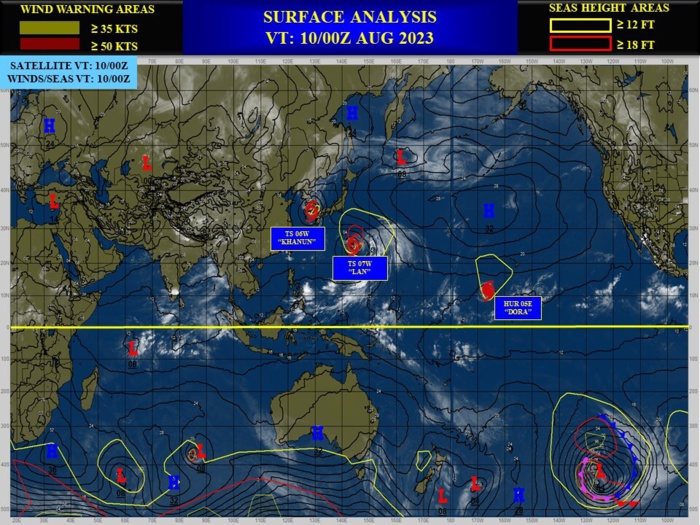06W(KHANUN) crossing the Korean Peninsula//TY 07W(LAN) to peak by 48h//HU 05E(DORA)still CAT4 US// 3 WEEK GTHO maps//1009utc 06W(KHANUN) crossing the Korean Peninsula//TY 07W(LAN) to peak by 48h//HU 05E(DORA)still CAT4 US// 3 WEEK GTHO maps//1009utc