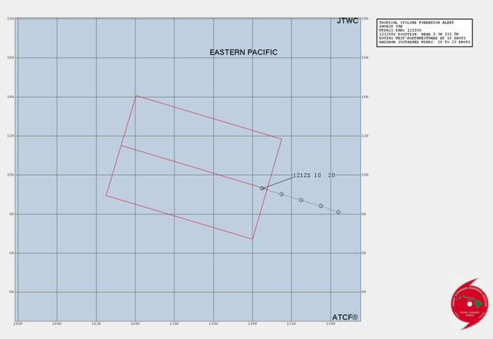 1. FORMATION OF A SIGNIFICANT TROPICAL CYCLONE IS POSSIBLE WITHIN 160 NM EITHER SIDE OF A LINE FROM 11.5N 140.7W TO 9.3N 133.2W WITHIN THE NEXT 12 TO 24 HOURS. AVAILABLE DATA DOES NOT JUSTIFY ISSUANCE OF NUMBERED TROPICAL CYCLONE WARNINGS AT THIS TIME. WINDS IN THE AREA ARE ESTIMATED TO BE 18 TO 23 KNOTS. METSAT IMAGERY AT 121200Z INDICATES THAT A CIRCULATION CENTER IS LOCATED NEAR 9.3N 133.5W. THE SYSTEM IS MOVING WEST-NORTHWESTWARD AT 10 KNOTS. 2. REMARKS: AN AREA OF CONVECTION HAS PERSISTED NEAR 9.6N 133.3W, 1629  NM SOUTHWEST OF SAN DIEGO, CA. ANIMATED ENHANCED INFRARED SATELLITE  IMAGERY AND A 121536Z SSMIS 91GHZ IMAGE REVEAL AN ELONGATED LOW LEVEL  CIRCULATION (LLC) WITH DISORGANIZED SCATTERED CONVECTION. ANALYSIS  INDICATES A FAVORABLE ENVIRONMENT FOR DEVELOPMENT DEFINED BY GOOD  POLEWARD OUTFLOW, WEAK VERTICAL WIND SHEAR (10-15 KTS), AND WARM (28C)  SEA SURFACE TEMPERATURES. GLOBAL MODELS ARE IN GOOD AGREEMENT THAT 99E  WILL TRACK NORTHWESTWARD OVER THE NEXT 48 HOURS. MAXIMUM SUSTAINED  SURFACE WINDS ARE ESTIMATED AT 18 TO 23 KNOTS. MINIMUM SEA LEVEL  PRESSURE IS ESTIMATED TO BE NEAR 1005 MB. THE POTENTIAL FOR THE  DEVELOPMENT OF A SIGNIFICANT TROPICAL CYCLONE WITHIN THE NEXT 24 HOURS  IS HIGH.