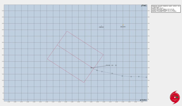 SUBJ/TROPICAL CYCLONE FORMATION ALERT REISSUED // WTPN21 PHNC 252000 REF/A/JOINT TYPHOON WRNCEN PEARL HARBOR HI/242000Z AUG 23// AMPN/REF IS TROPICAL CYCLONE FORMATION ALERT (WTPN21 PHNC 242000)// RMKS/ 1. FORMATION OF A SIGNIFICANT TROPICAL CYCLONE IS POSSIBLE WITHIN 160 NM EITHER SIDE OF A LINE FROM 11.9N 115.6W TO 15.6N 121.4W WITHIN THE NEXT 12 TO 24 HOURS. AVAILABLE DATA DOES NOT JUSTIFY ISSUANCE OF NUMBERED TROPICAL CYCLONE WARNINGS AT THIS TIME. WINDS IN THE AREA ARE ESTIMATED TO BE 20 TO 25 KNOTS. METSAT IMAGERY AT 251800Z INDICATES THAT A CIRCULATION CENTER IS LOCATED NEAR 12.0N 116.0W. THE SYSTEM IS MOVING WEST-NORTHWESTWARD AT 10 KNOTS. 2. REMARKS: MAXIMUM SUSTAINED SURFACE WINDS ARE ESTIMATED AT 20 TO 25 KNOTS. MINIMUM SEA LEVEL PRESSURE IS ESTIMATED TO BE NEAR 1004 MB. THE POTENTIAL FOR THE DEVELOPMENT OF A SIGNIFICANT TROPICAL CYCLONE WITHIN THE NEXT 24 HOURS IS HIGH.