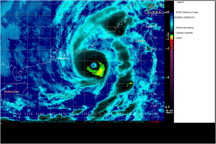 SATELLITE ANALYSIS, INITIAL POSITION AND INTENSITY DISCUSSION: AS REVEALED IN ANIMATED RADAR IMAGERY, TYPHOON (TY) 09W HAS COMMENCED ANOTHER EYEWALL REPLACEMENT CYCLE (ERC) WITH A SMALL INNER EYEWALL SURROUNDED BY A MOAT AND DEVELOPING OUTER EYEWALL. ANIMATED ENHANCED INFRARED (EIR) SATELLITE IMAGERY DEPICTS A 17 NM ROUND EYE WITH TIGHTLY CURVED SPIRAL BANDING, WHICH SUPPORTS THE INITIAL POSITION WITH HIGH CONFIDENCE. OVERALL, ENVIRONMENTAL CONDITIONS REMAIN FAVORABLE AS THE SYSTEM SLOWLY APPROACHES HONG KONG WITH RADIAL OUTFLOW AND AN ENHANCED POLEWARD OUTFLOW CHANNEL INTO THE WESTERLIES TO THE NORTH. THE INITIAL INTENSITY OF 120 KTS IS ASSESSED WITH HIGH CONFIDENCE BASED ON DVORAK INTENSITY ESTIMATES RANGING FROM 6.0 TO 6.5, A 010000Z AIDT ESTIMATE OF 121 KNOTS, AND AN RCM-3 SAR VMAX OF 116 KNOTS. THE WIND RADII HAVE BEEN EXPANDED BASED ON THE RCM-3 SAR PASS WITH HIGH CONFIDENCE. SATELLITE ANALYSIS, INITIAL POSITION AND INTENSITY DISCUSSION: AS REVEALED IN ANIMATED RADAR IMAGERY, TYPHOON (TY) 09W HAS COMMENCED ANOTHER EYEWALL REPLACEMENT CYCLE (ERC) WITH A SMALL INNER EYEWALL SURROUNDED BY A MOAT AND DEVELOPING OUTER EYEWALL. ANIMATED ENHANCED INFRARED (EIR) SATELLITE IMAGERY DEPICTS A 17 NM ROUND EYE WITH TIGHTLY CURVED SPIRAL BANDING, WHICH SUPPORTS THE INITIAL POSITION WITH HIGH CONFIDENCE. OVERALL, ENVIRONMENTAL CONDITIONS REMAIN FAVORABLE AS THE SYSTEM SLOWLY APPROACHES HONG KONG WITH RADIAL OUTFLOW AND AN ENHANCED POLEWARD OUTFLOW CHANNEL INTO THE WESTERLIES TO THE NORTH. THE INITIAL INTENSITY OF 120 KTS IS ASSESSED WITH HIGH CONFIDENCE BASED ON DVORAK INTENSITY ESTIMATES RANGING FROM 6.0 TO 6.5, A 010000Z AIDT ESTIMATE OF 121 KNOTS, AND AN RCM-3 SAR VMAX OF 116 KNOTS. THE WIND RADII HAVE BEEN EXPANDED BASED ON THE RCM-3 SAR PASS WITH HIGH CONFIDENCE.